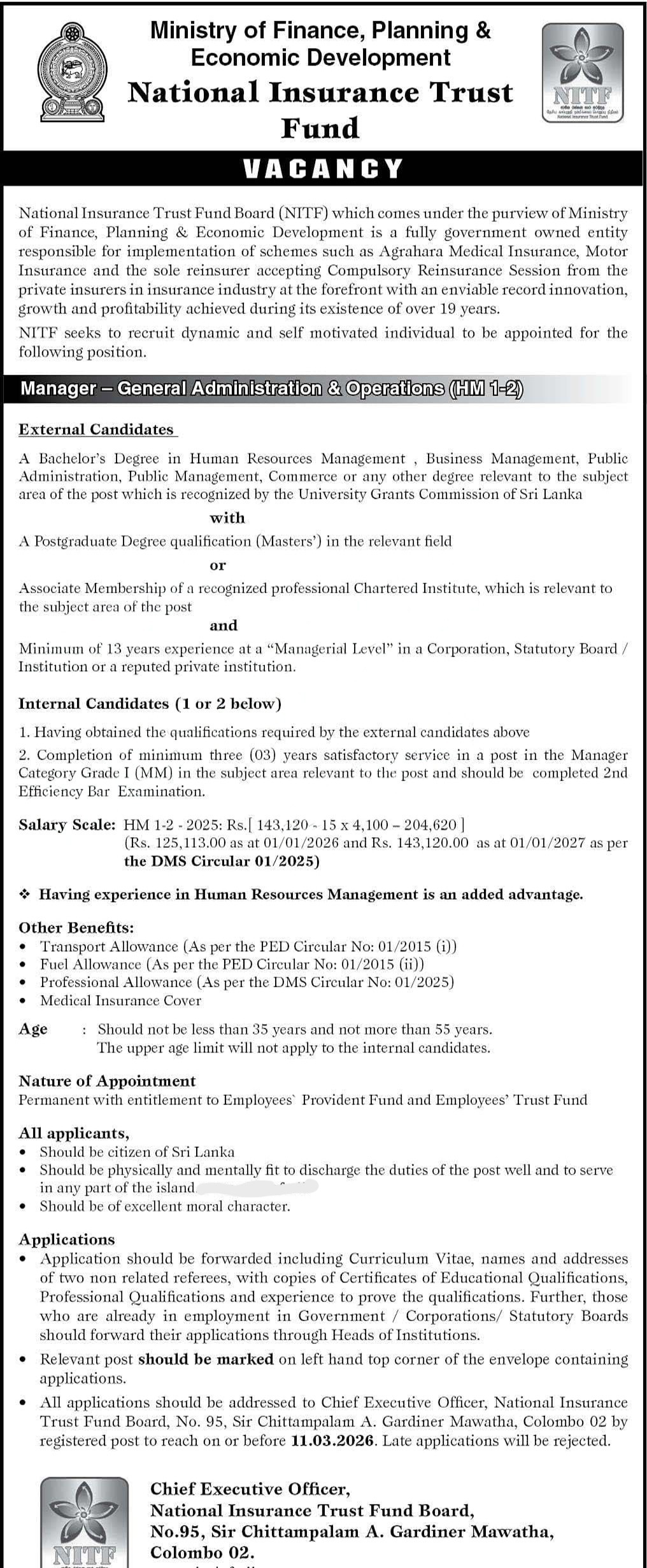 Manager (General Administration & Operations) - National Insurance Trust Fund