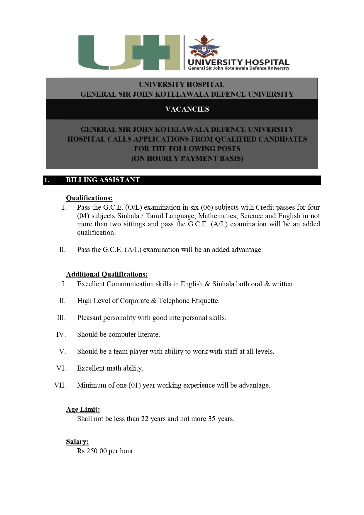 Billing Assistant, Nursing Assistant, Call Centre Agent - University Hospital - General Sir John Kotelawala Defence University