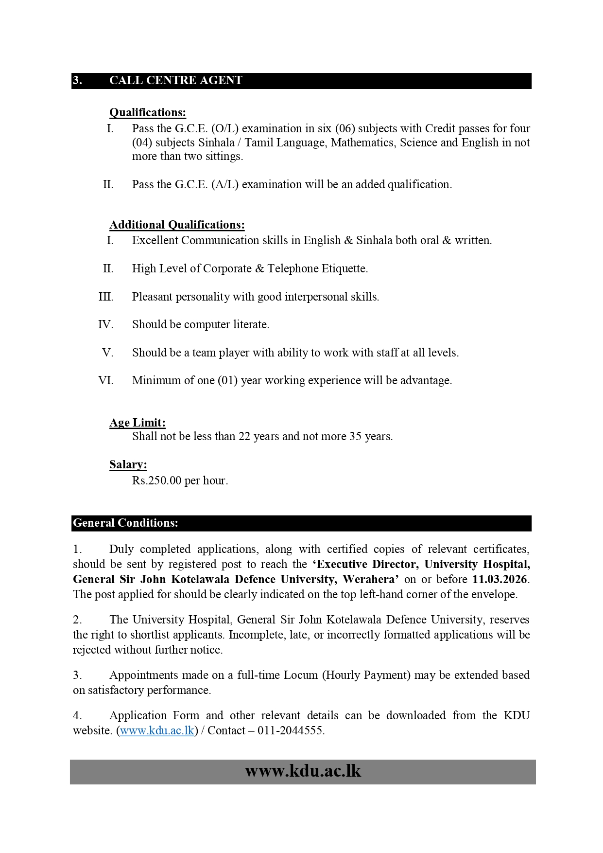 Billing Assistant, Nursing Assistant, Call Centre Agent - University Hospital - General Sir John Kotelawala Defence University