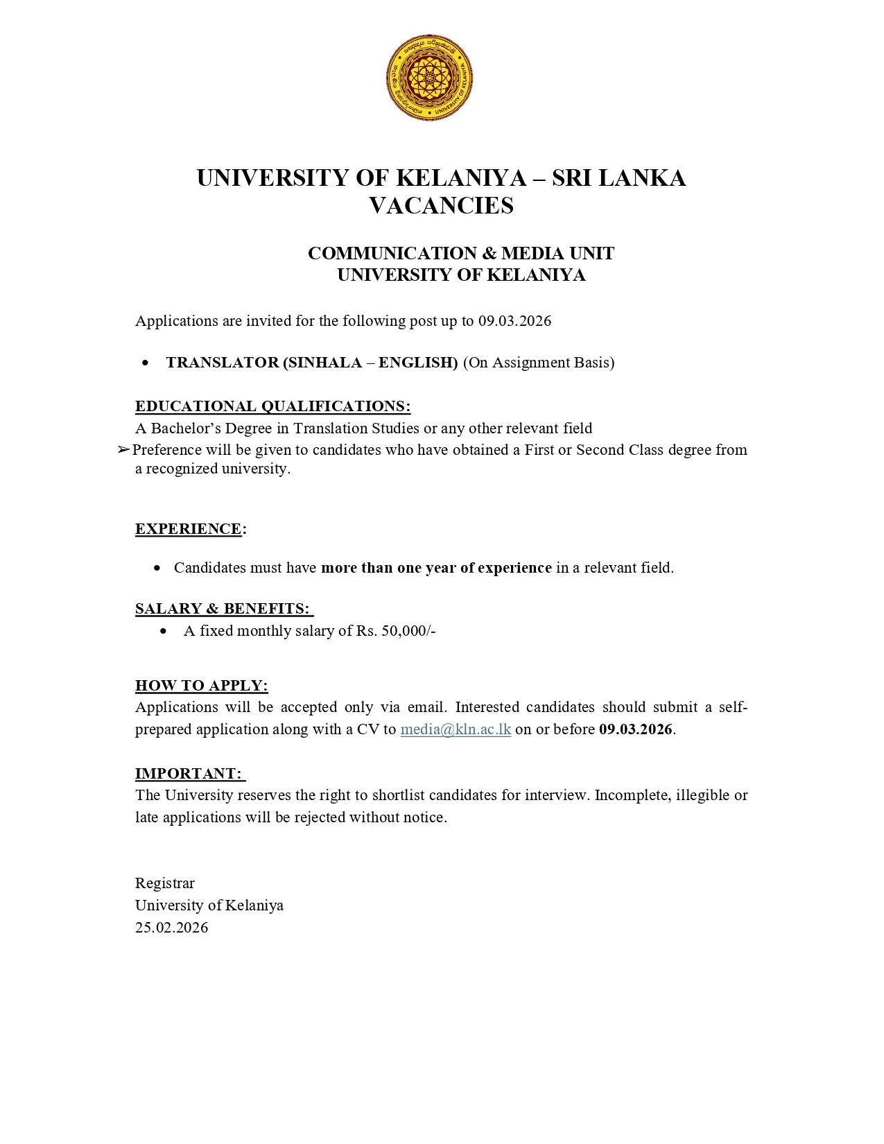 Assistant Media Officer, Translator - University of Kelaniya