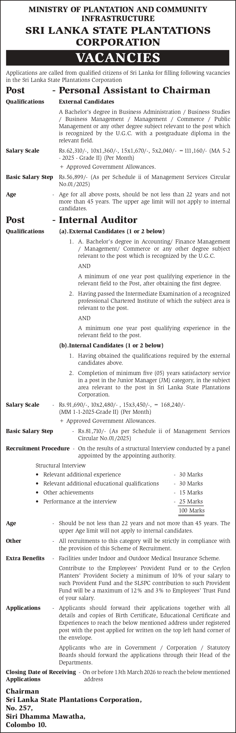 Personal Assistant to Chairman, Internal Auditor - Sri Lanka State Plantations Corporation