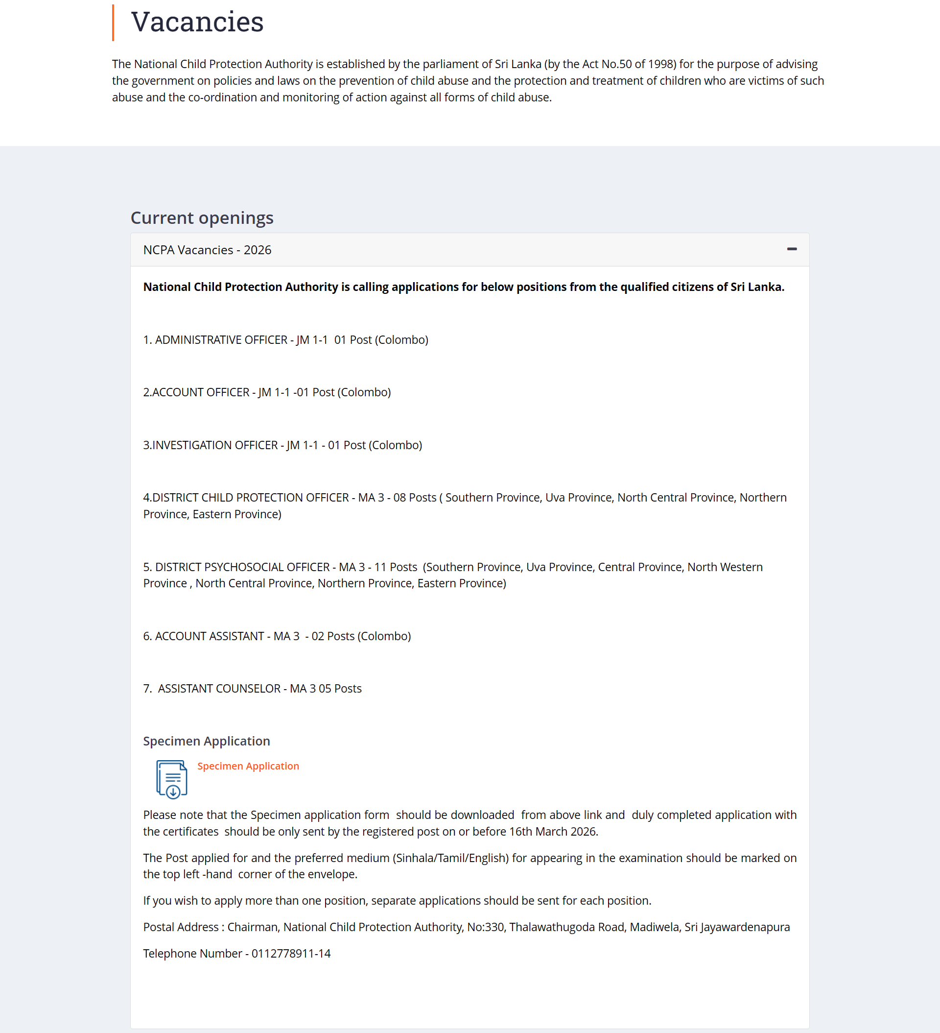 Administrative Officer, Accounts Officer, Investigation Officer, District Child Protection Officer, District Psychosocial Officer, Accounts Assistant, Assistant Counselor - National Child Protection Authority