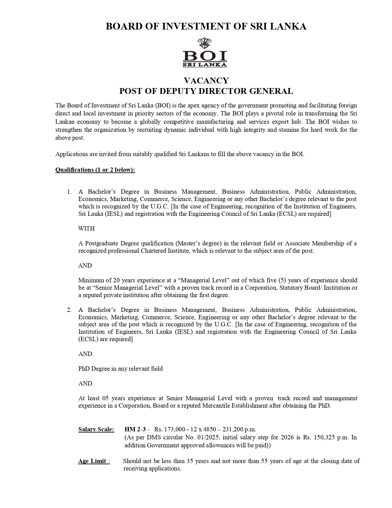 Deputy Director General - Board of Investment of Sri Lanka