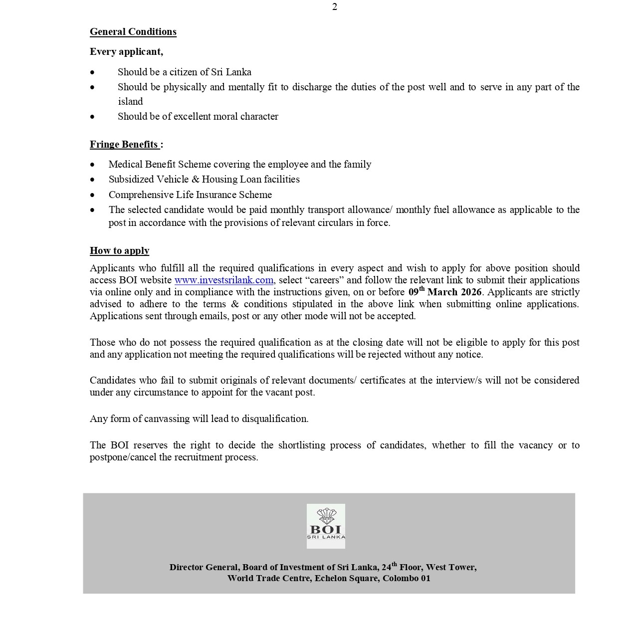 Deputy Director General - Board of Investment of Sri Lanka