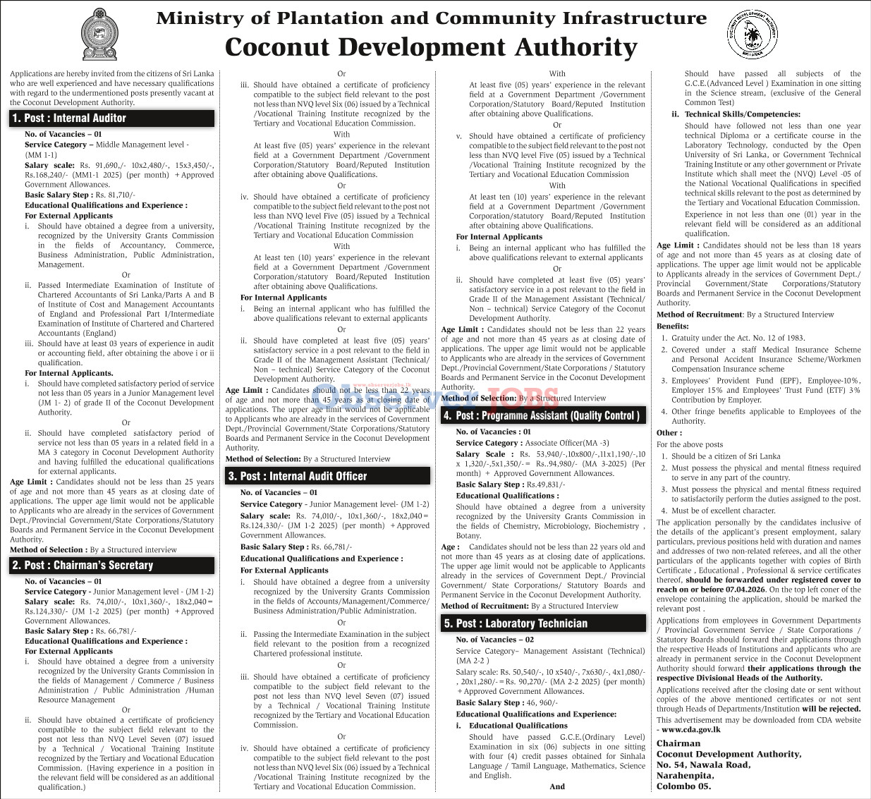 Internal Auditor, Chairman’s Secretary, Internal Audit Officer, Programme Assistant, Laboratory Technician - Coconut Development Authority 