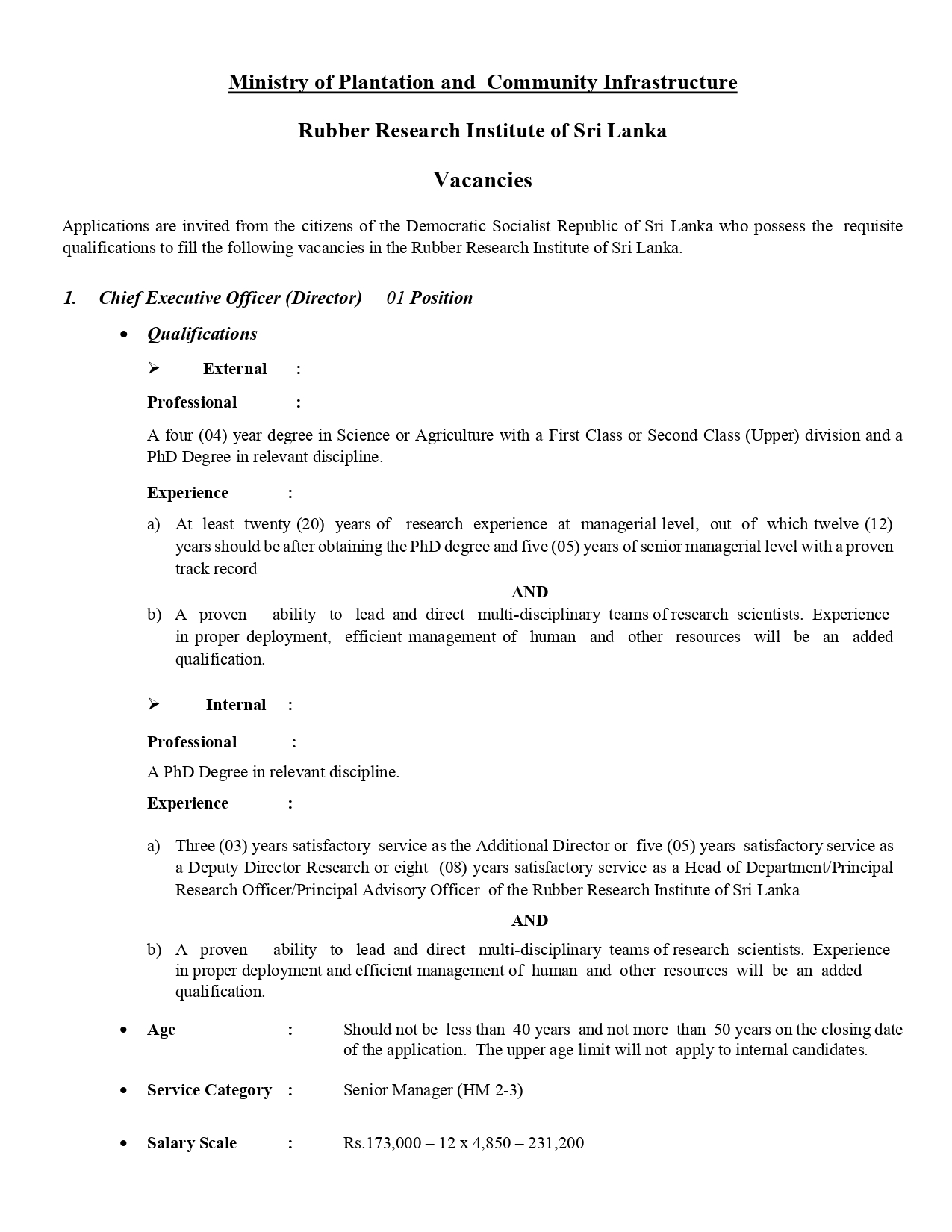 Chief Executive Officer (Director), Deputy Director - Rubber Research Institute of Sri Lanka
