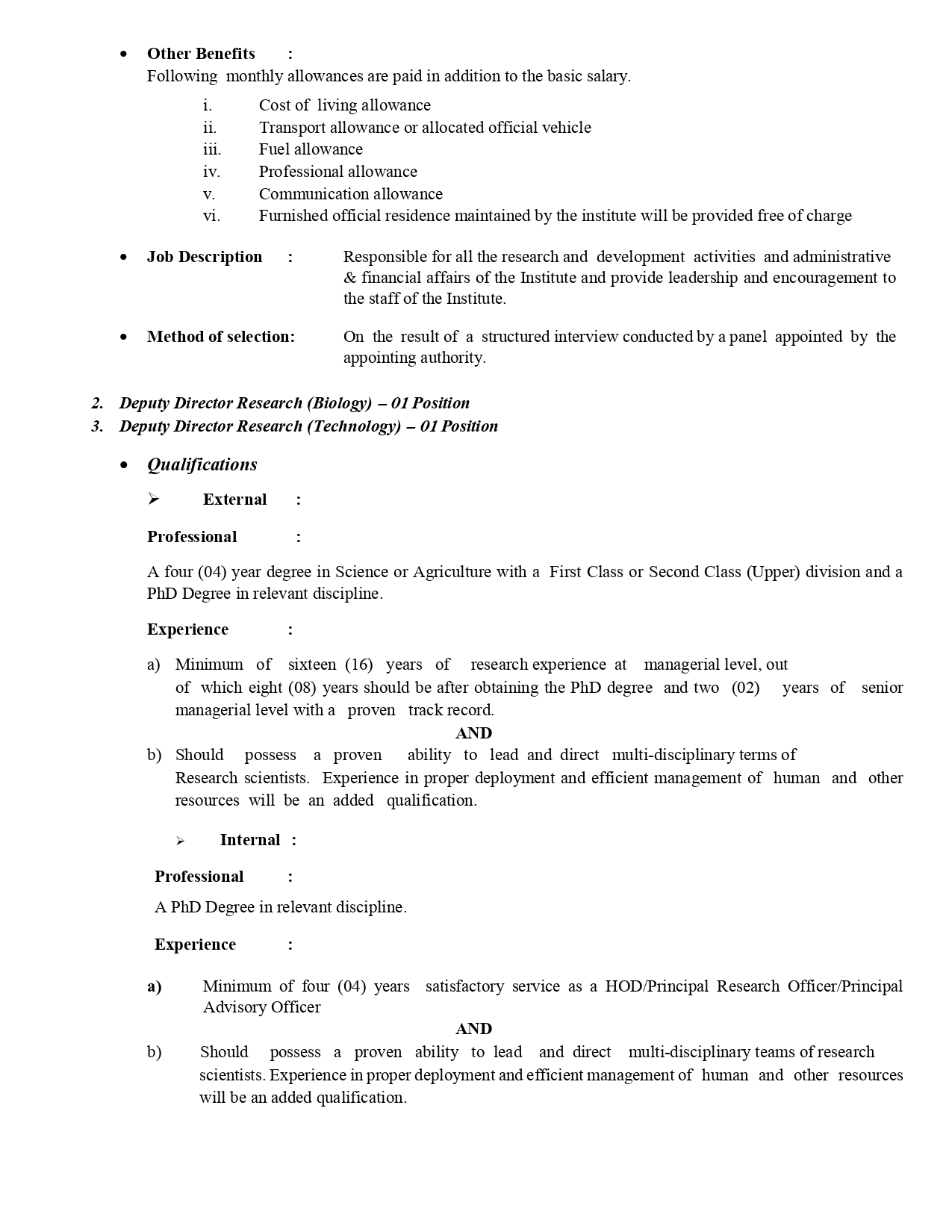 Chief Executive Officer (Director), Deputy Director - Rubber Research Institute of Sri Lanka