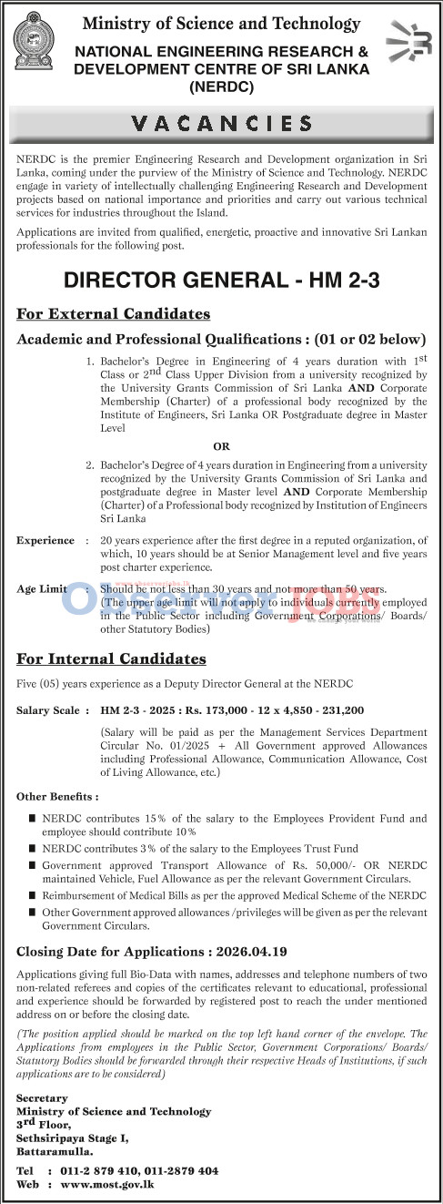 Director General - National Engineering Research & Development Centre of Sri Lanka