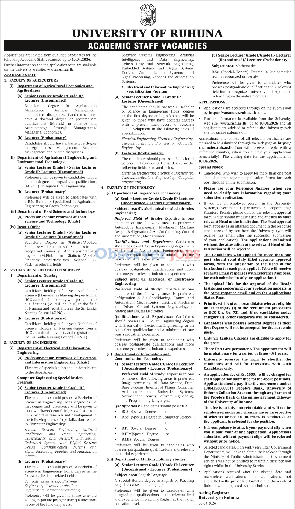 Senior Lecturer, Lecturer, Senior Professor, Professor - University of Ruhuna 