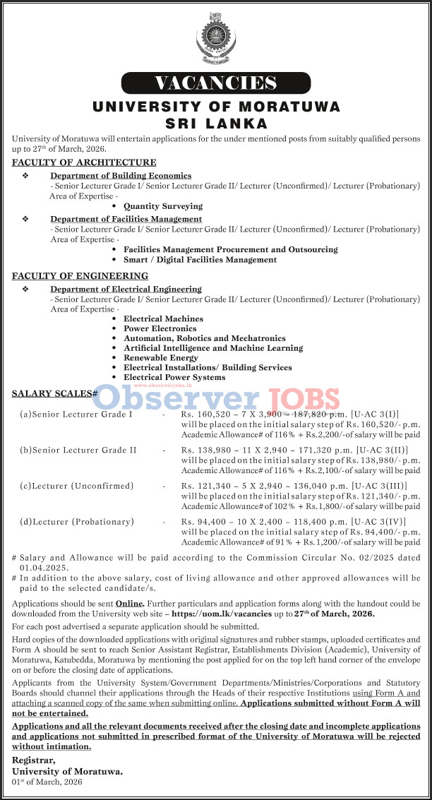 Senior Lecturer, Lecturer - University of Moratuwa