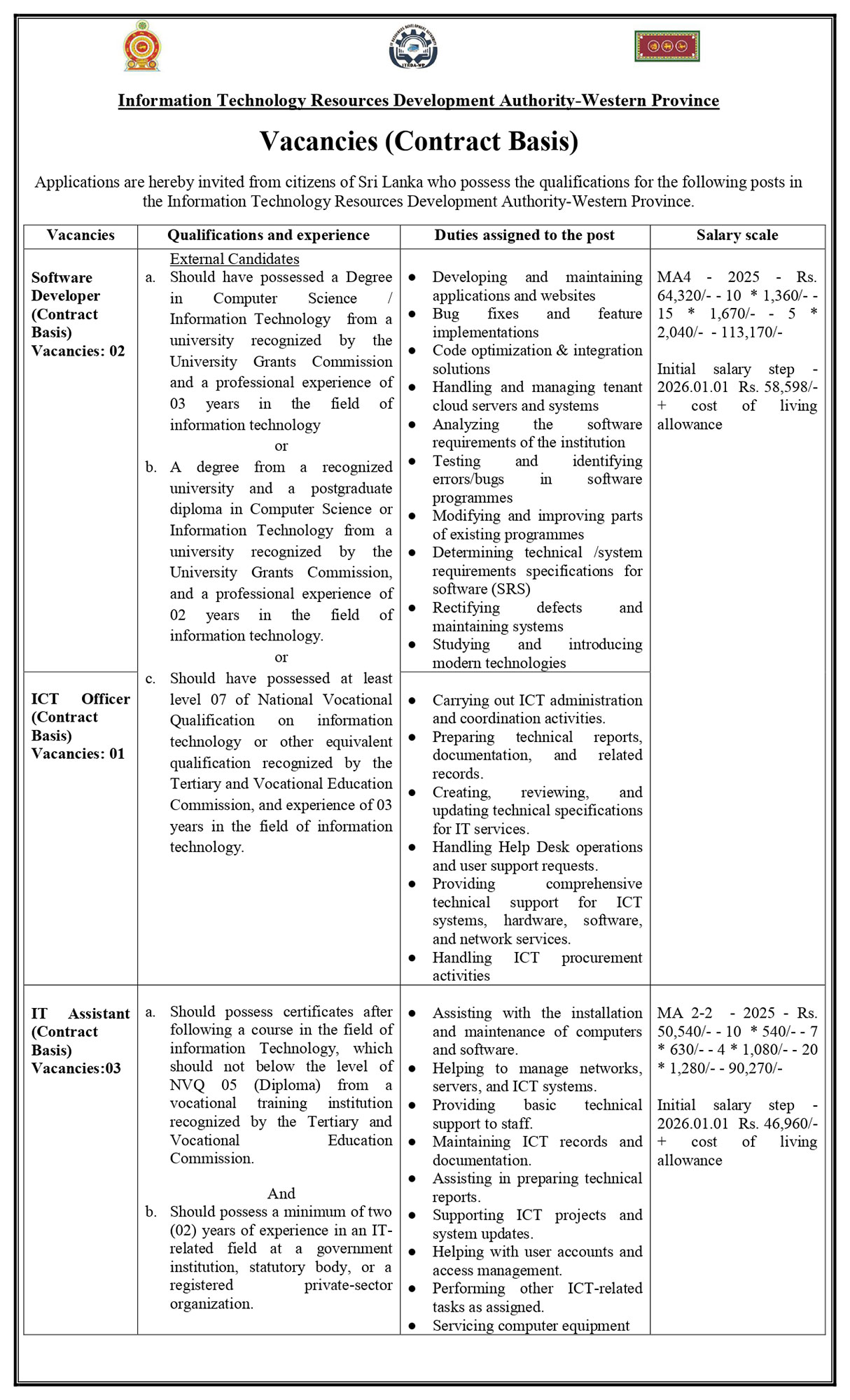 Software Developer, ICT Officer, IT Assistant - Information Technology Resources Development Authority - Western Province 