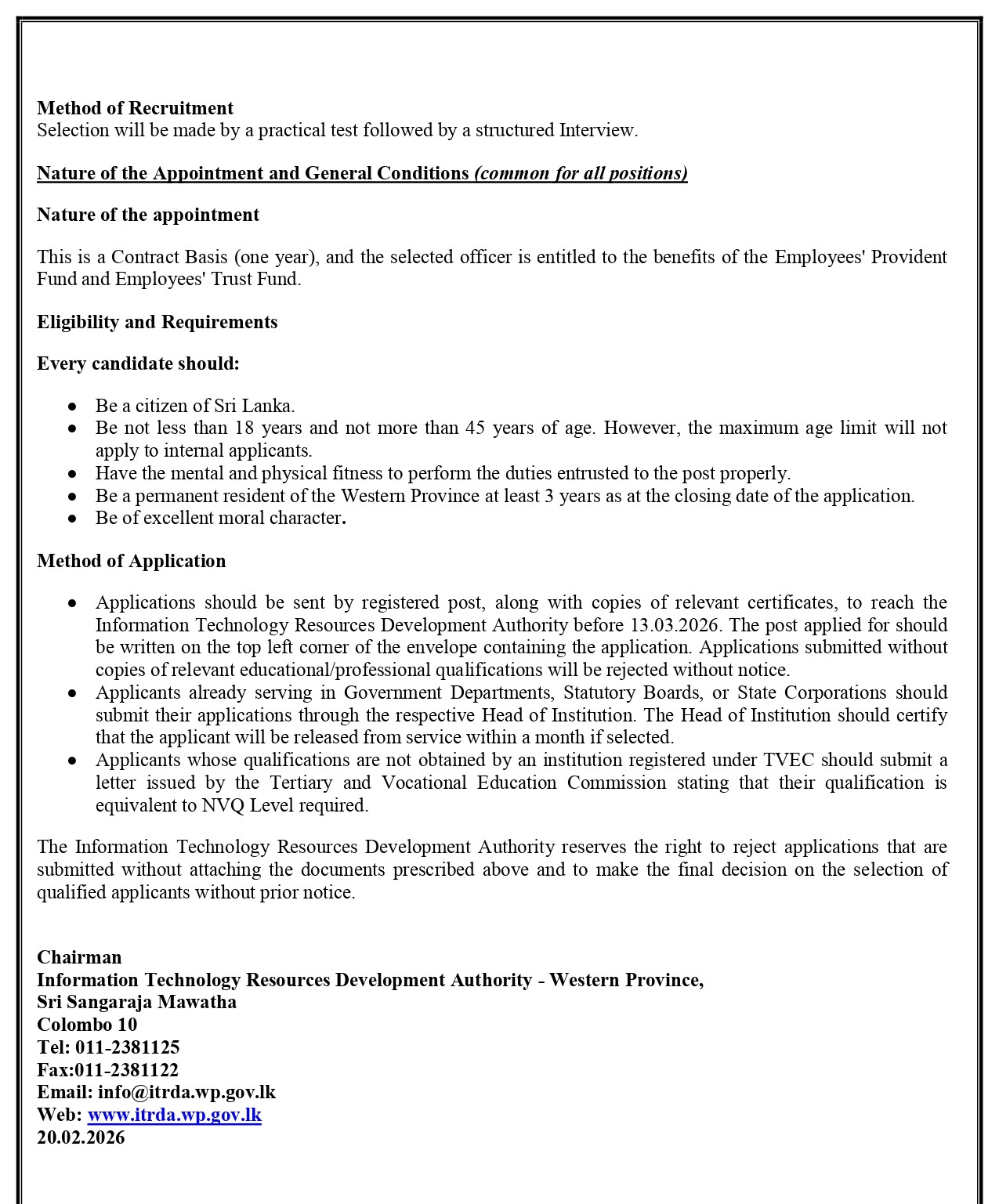 Software Developer, ICT Officer, IT Assistant - Information Technology Resources Development Authority - Western Province 