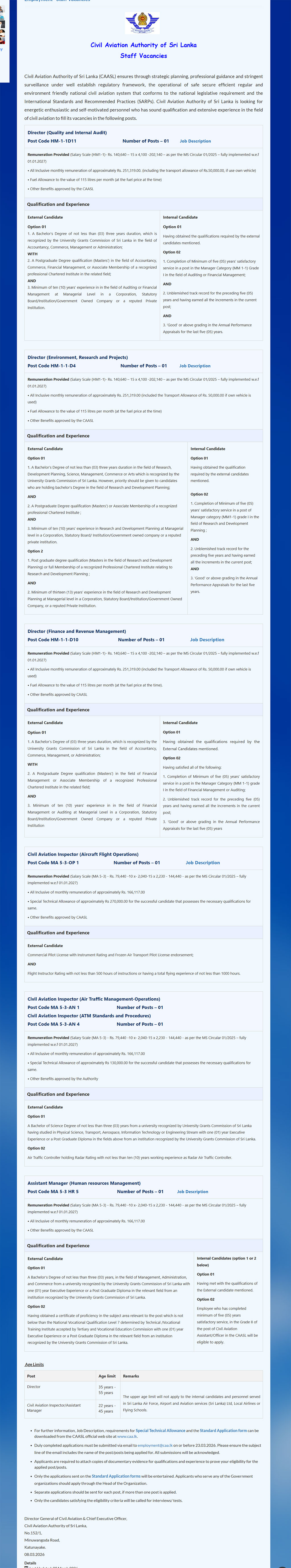 Director, Civil Aviation Inspector, Assistant Manager - Civil Aviation Authority of Sri Lanka 