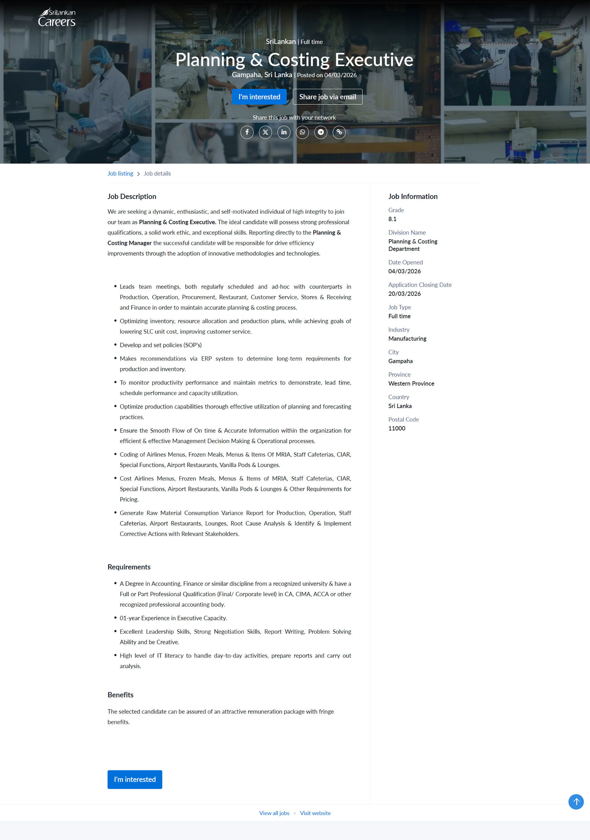 Planning & Costing Executive - SriLankan Catering