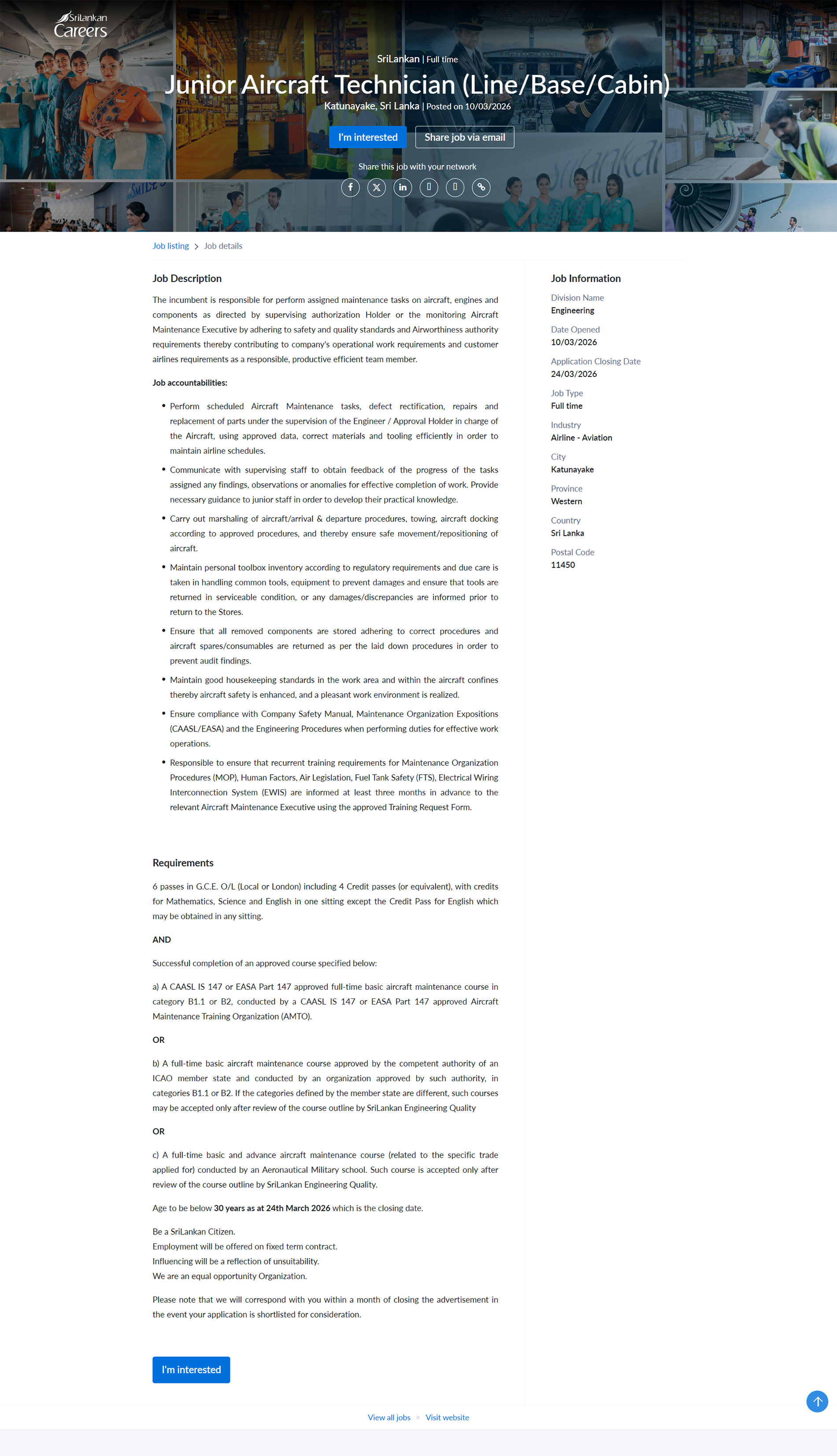 Junior Aircraft Technician (Line/Base/Cabin) - SriLankan Airlines Limited