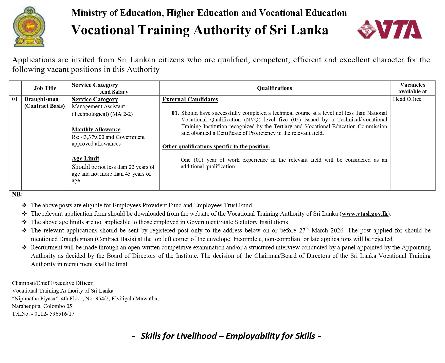 Draughtsman - Vocational Training Authority of Sri Lanka