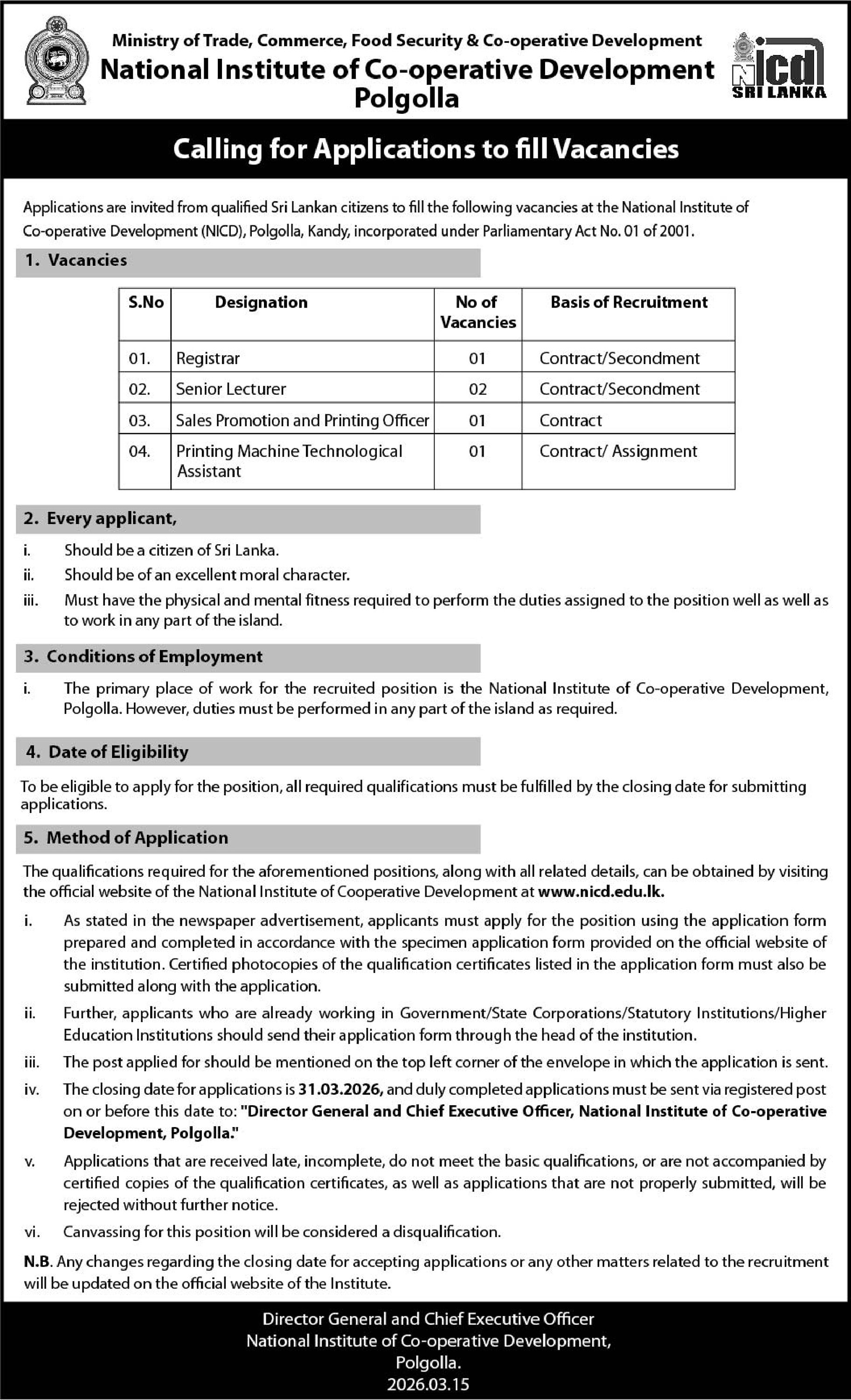 Registrar, Senior Lecturer, Sales Promotion & Printing Officer, Printing Machine Technological Assistant - National Institute of Cooperative Development - Polgolla