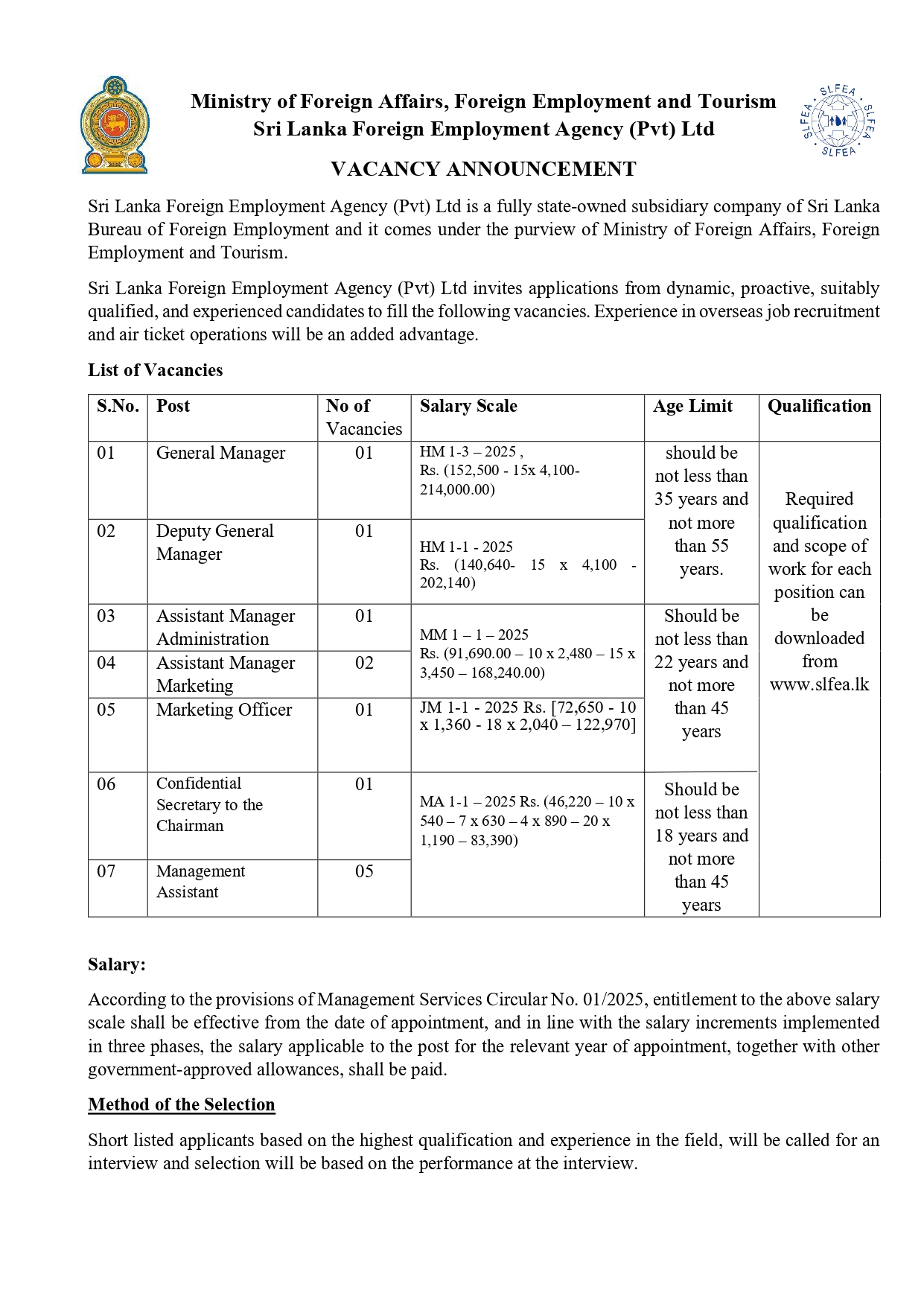 Management Assistant, General Manager, Deputy General Manager, Assistant Manager (Administration, Marketing), Marketing Officer, Confidential Secretary to the Chairman - Sri Lanka Foreign Employment Agency (Pvt) Ltd