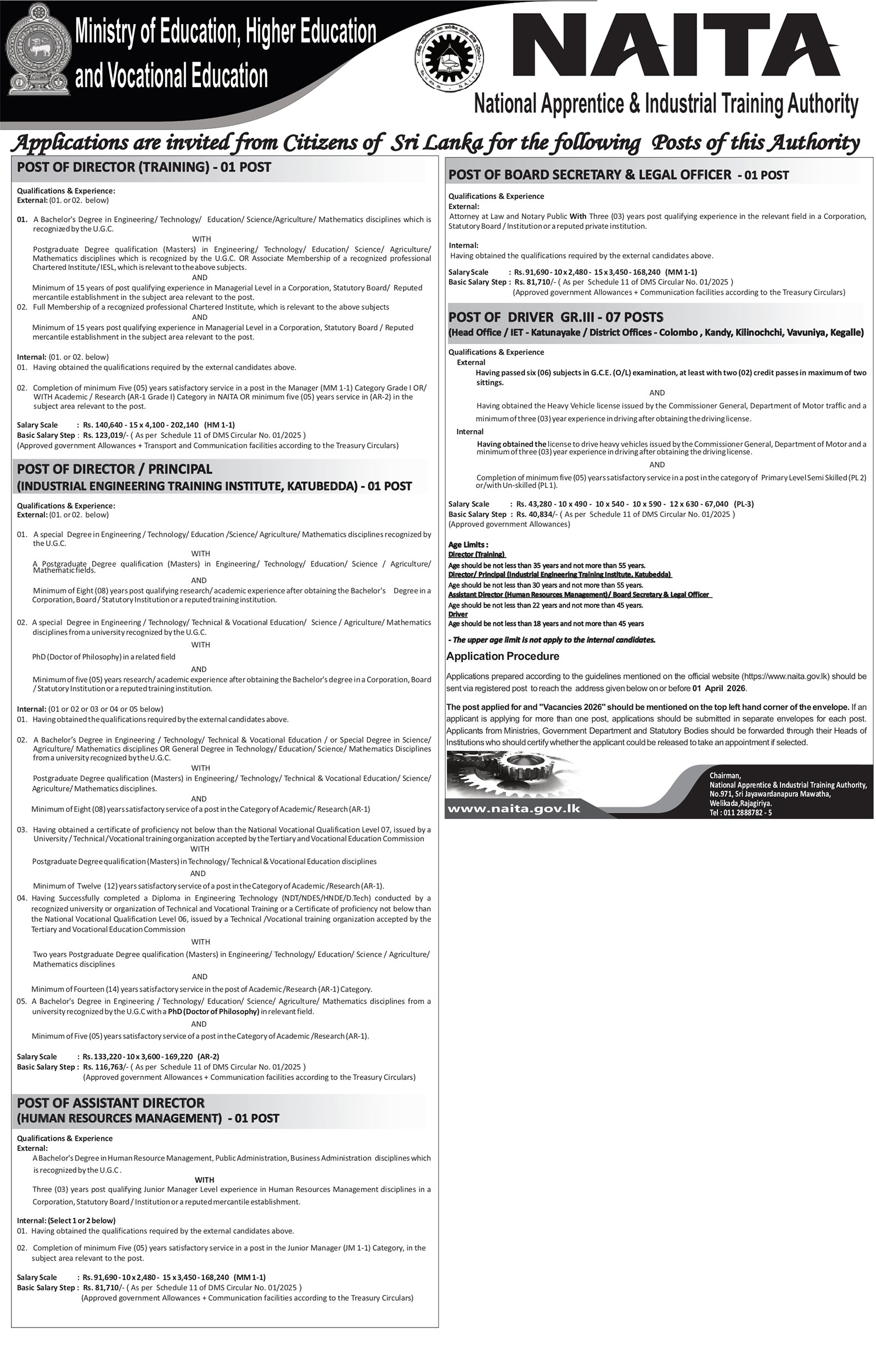 Director/Principal, Assistant Director, Board of Secretary & Legal Officer, Driver - National Apprentice & Industrial Training Authority 