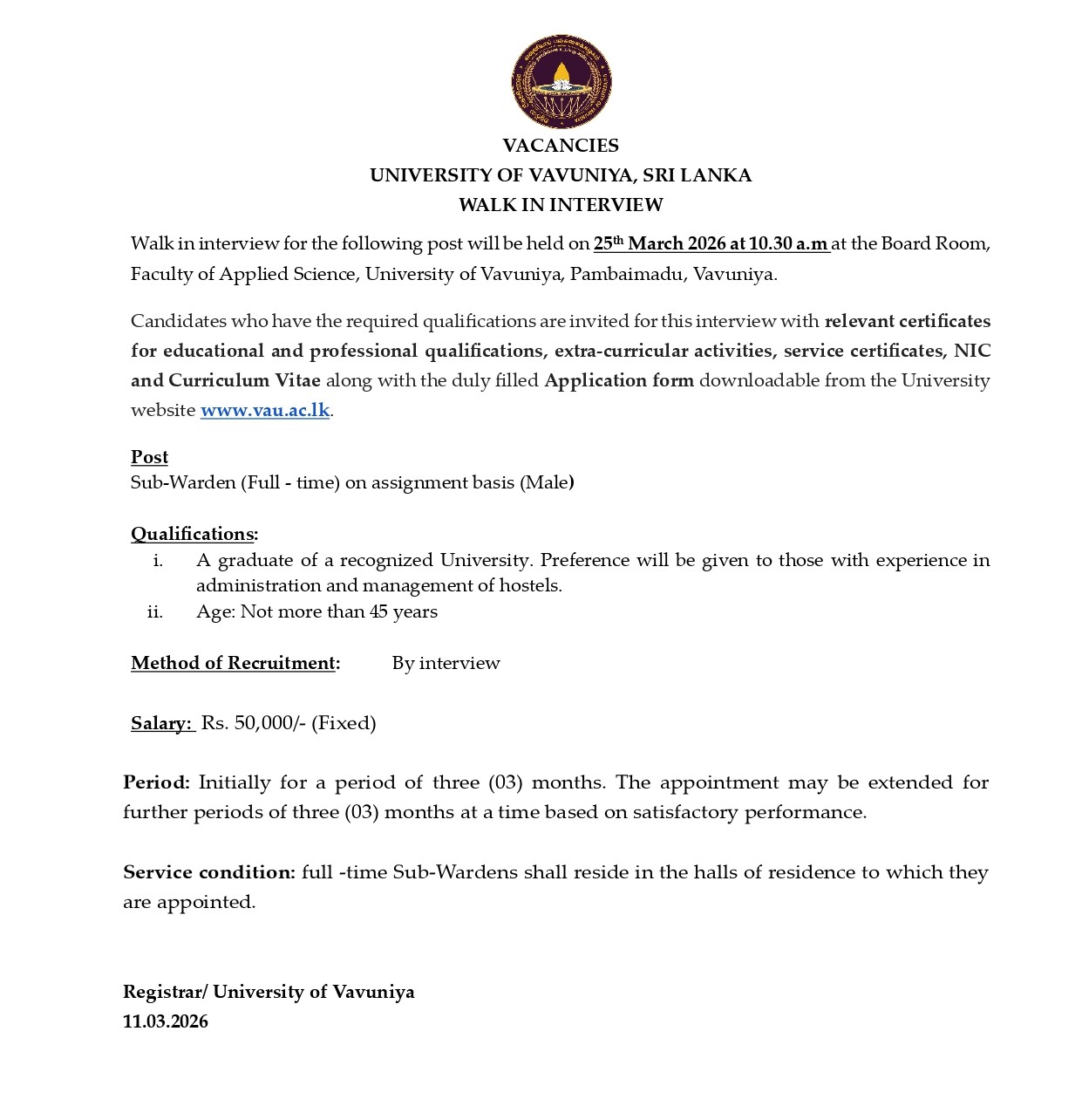 Sub Warden - University of Vavuniya