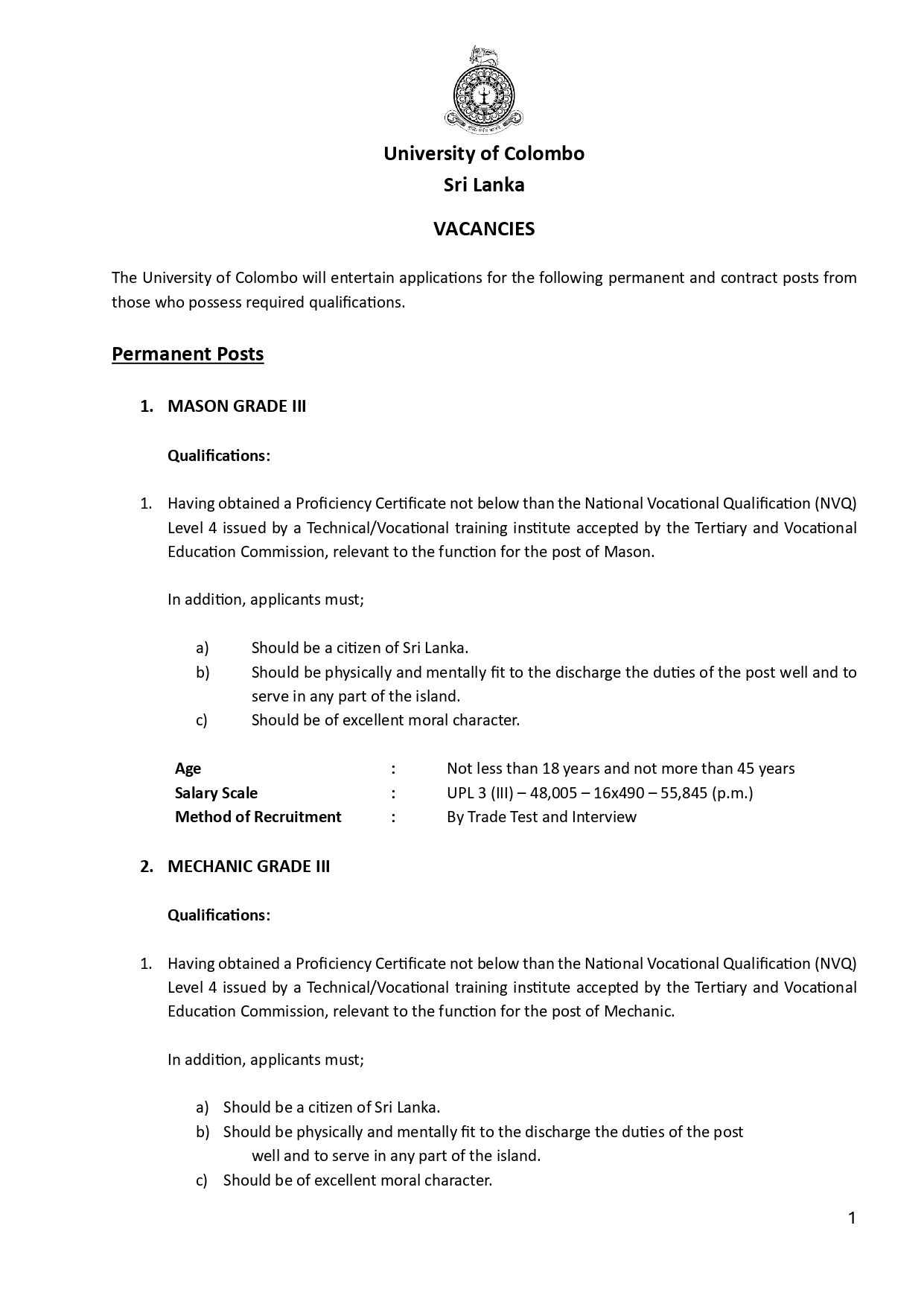 Mason, Mechanic, Carpenter - University of Colombo 