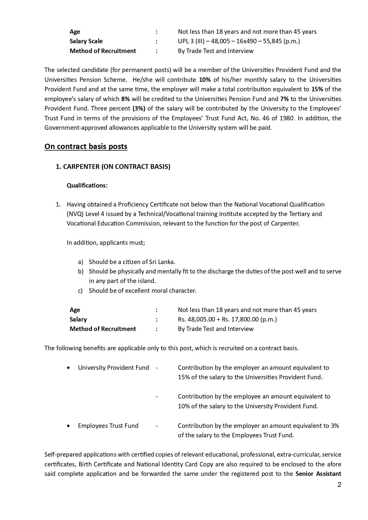 Mason, Mechanic, Carpenter - University of Colombo 