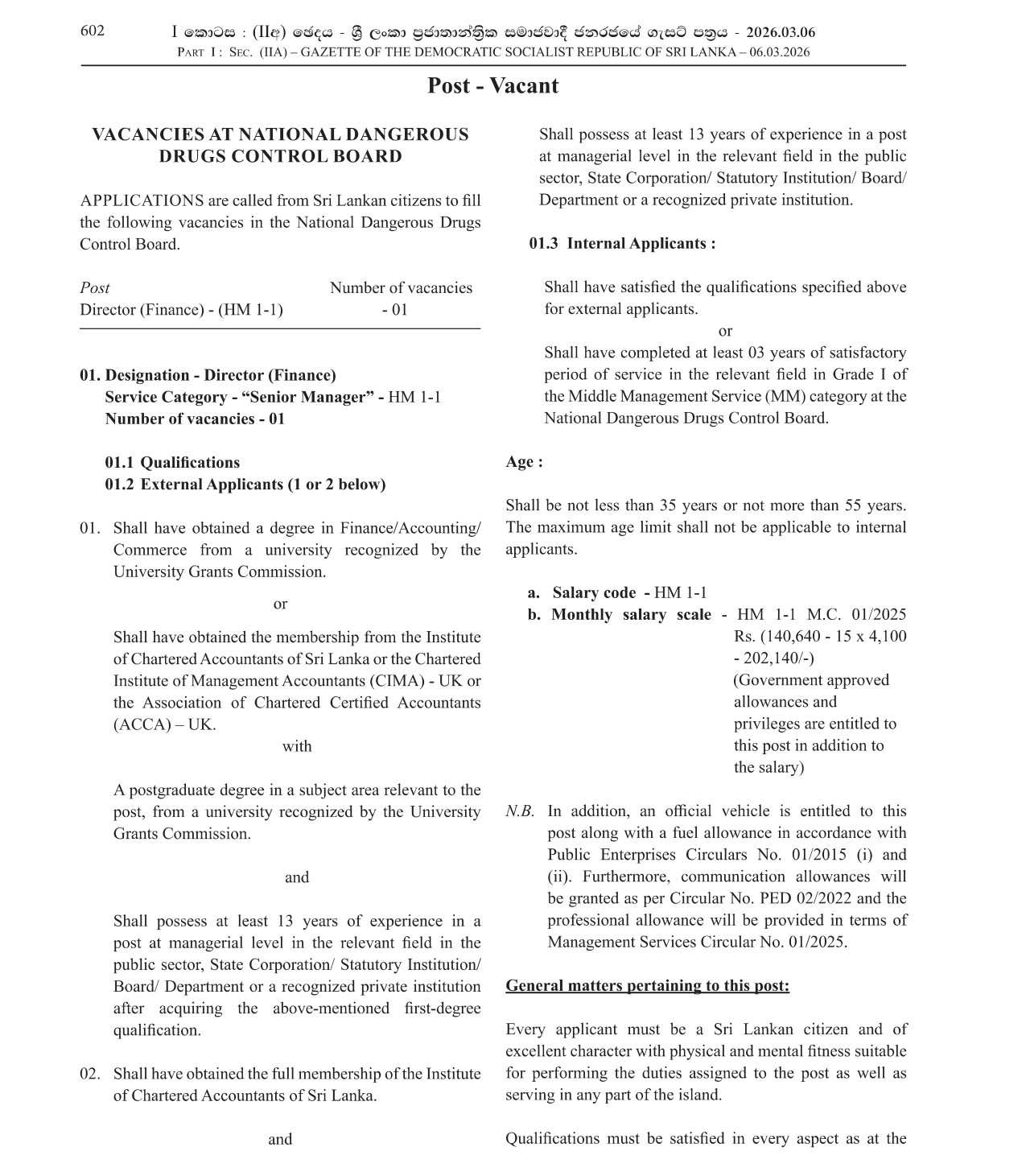 Director (Finance) - National Dangerous Drugs Control Board