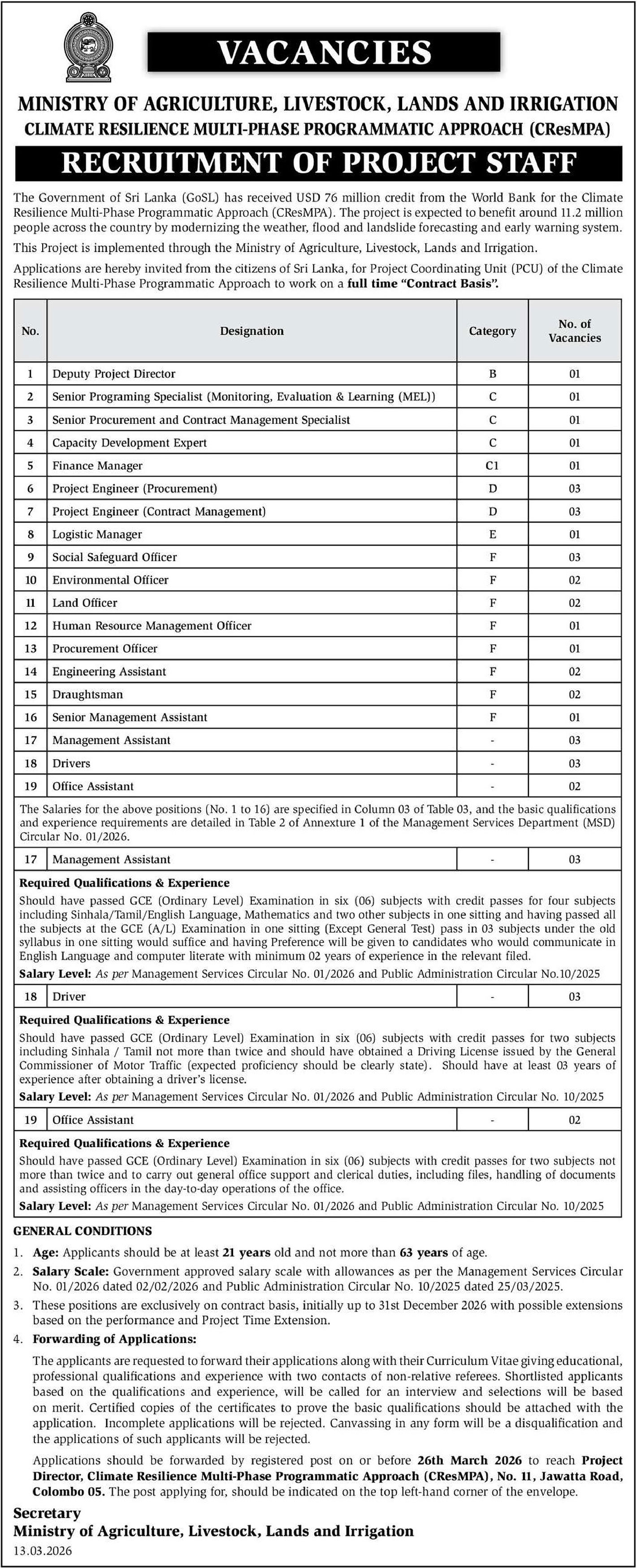 Management Assistant, Programing Specialist, Finance Manager, Project Engineer, Logistic Manager, Environmental Officer, Land Officer, HR Management Officer, Procurement Officer, Engineering Assistant, Draughtsman, Driver, Office Assistant & more Vacancies - Ministry of Agriculture, Livestock, Lands & Irrigation