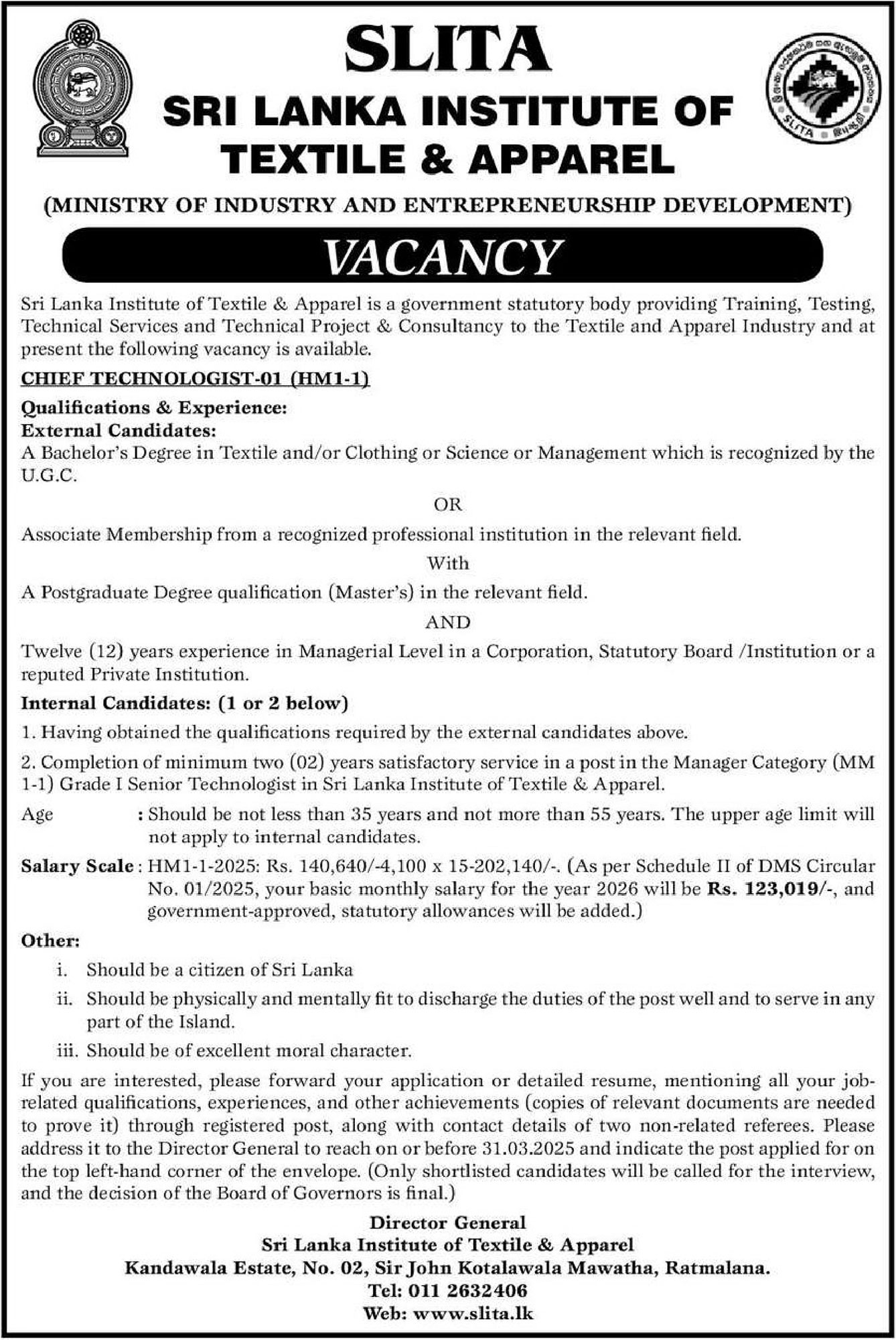 Chief Technologist - Sri Lanka Institute of Textile & Apparel 