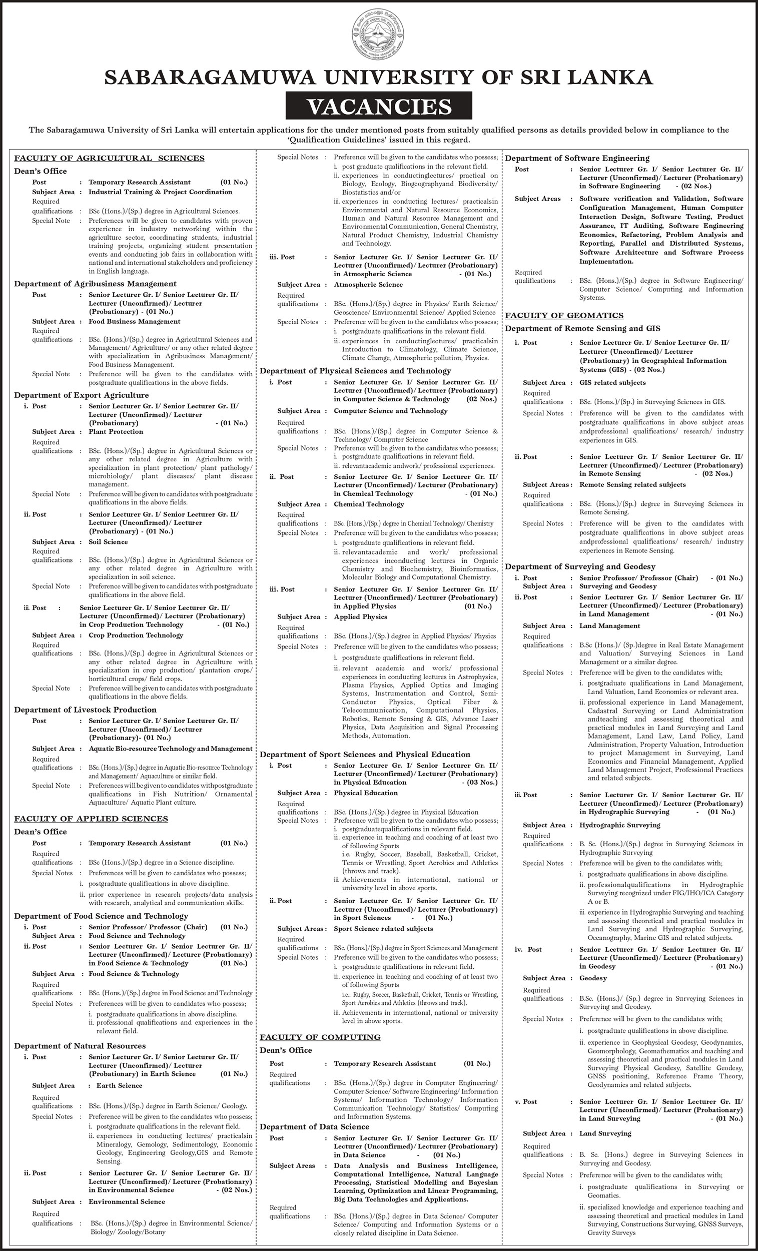 Senior Professor, Professor, Senior Lecturer, Lecturer, Instructor, Temporary Research Assistant, Temporary Assistant Lecturer - Sabaragamuwa University of Sri Lanka