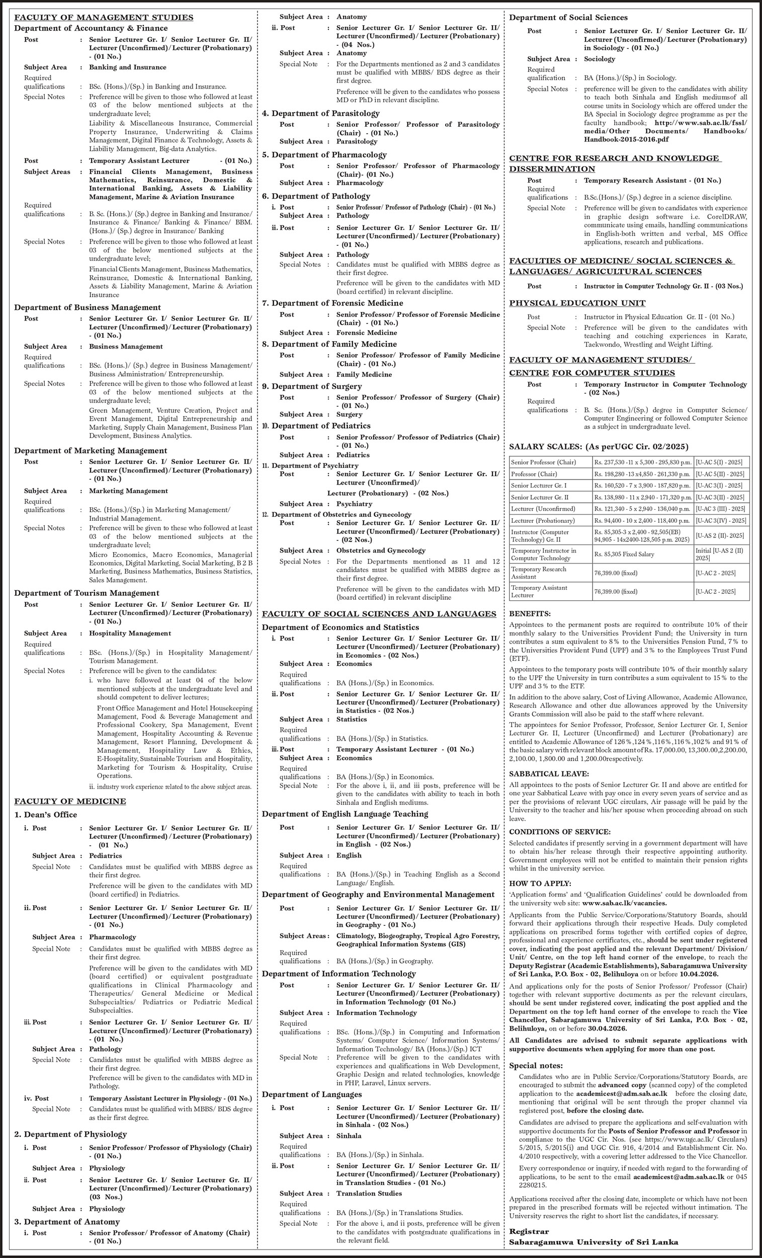 Senior Professor, Professor, Senior Lecturer, Lecturer, Instructor, Temporary Research Assistant, Temporary Assistant Lecturer - Sabaragamuwa University of Sri Lanka