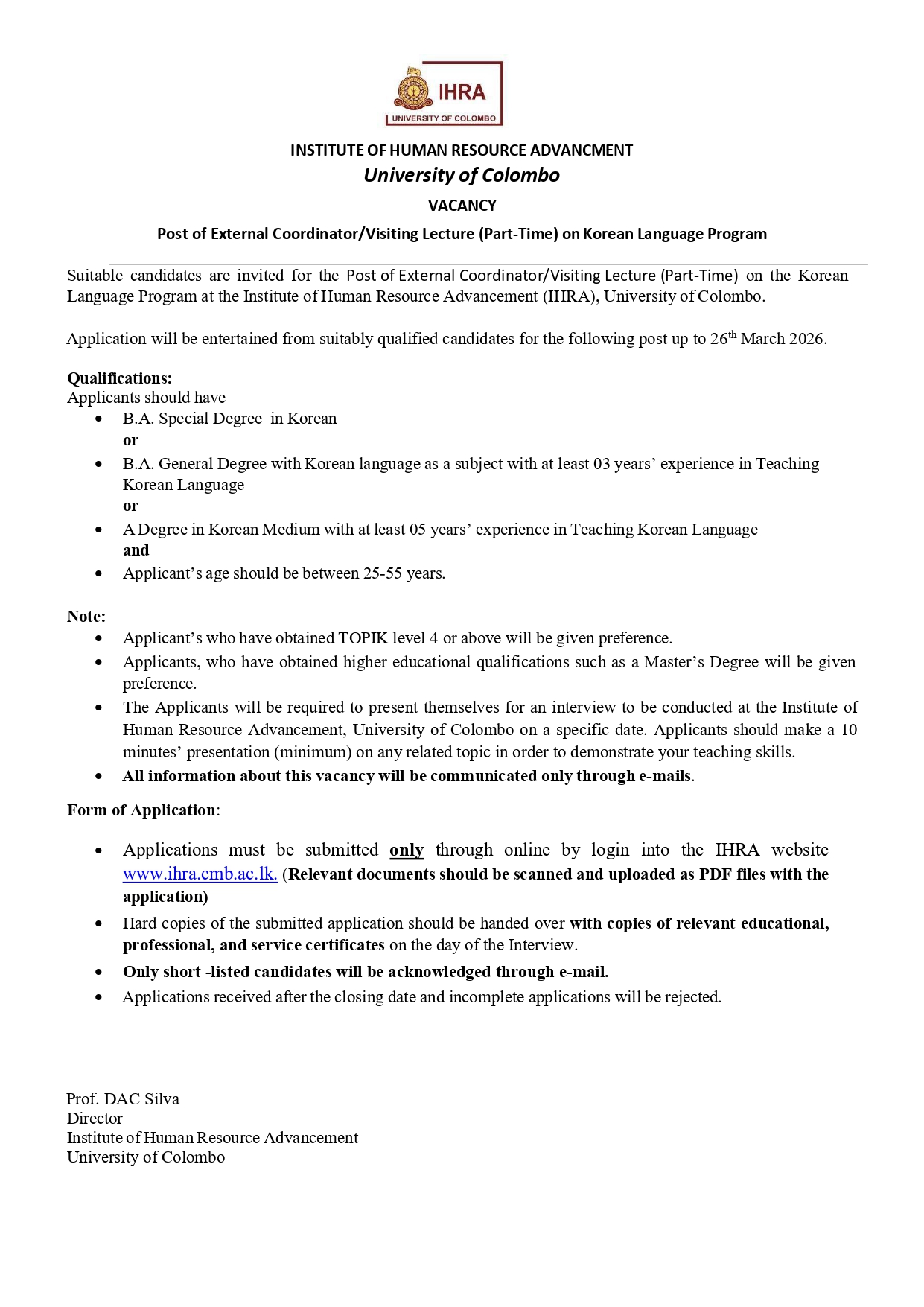 External Coordinator/Visiting Lecturer - Institute of Human Resource Advancement - University of Colombo