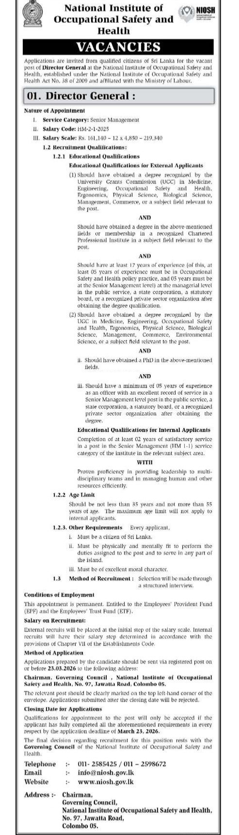 Director General - National Institute of Occupational Safety & Health