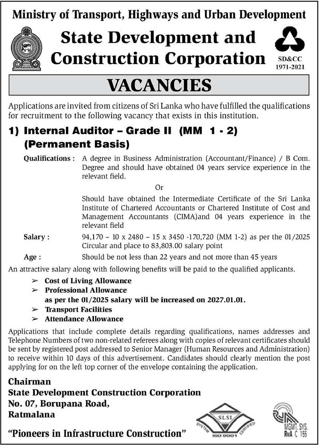 Internal Auditor - State Development & Construction Corporation  