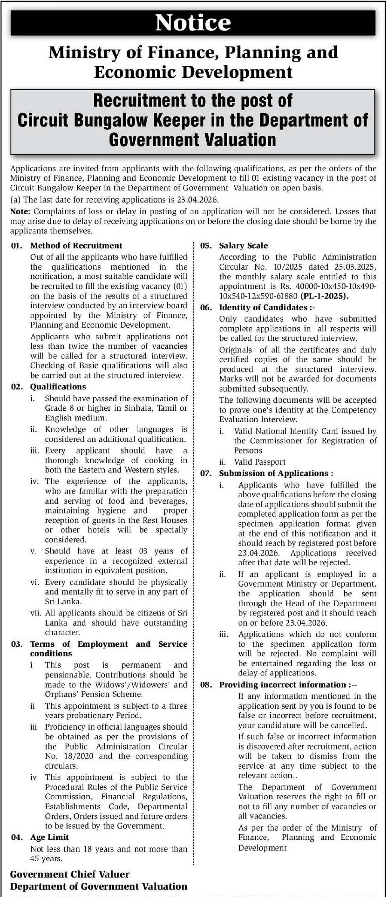 Circuit Bungalow Keeper - Department of Government Valuation