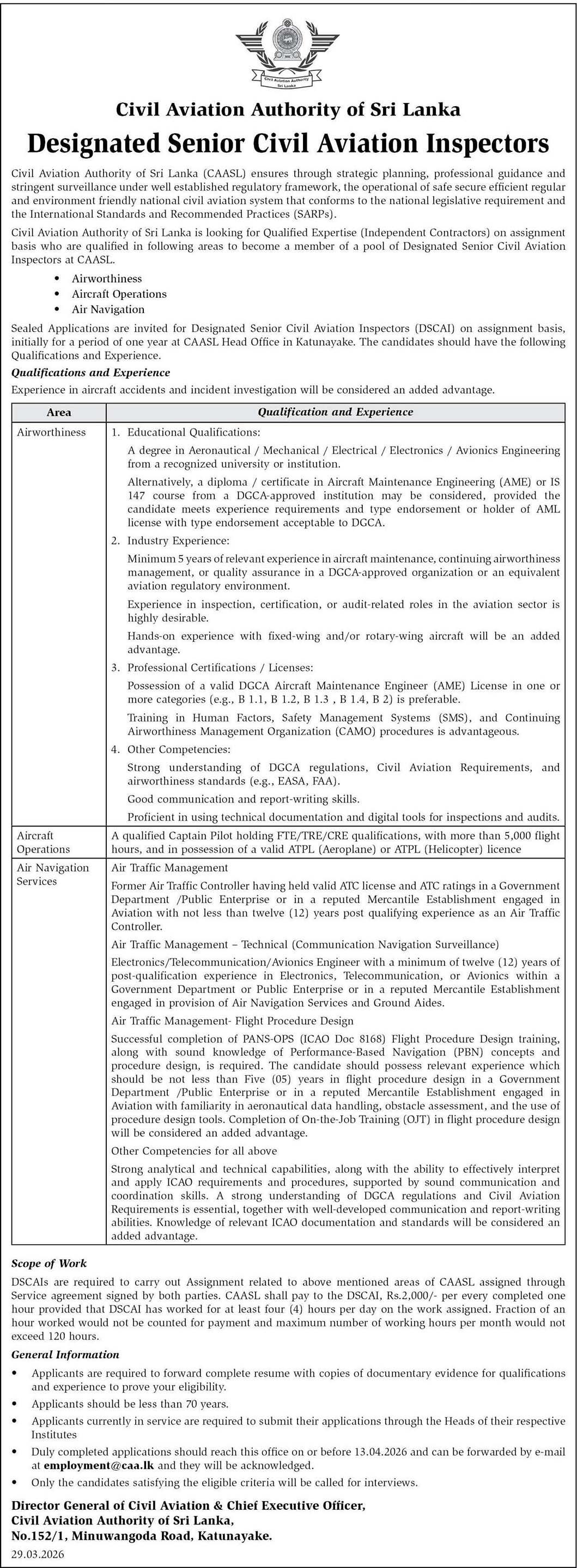 Senior Civil Aviation Inspector - Civil Aviation Authority of Sri Lanka