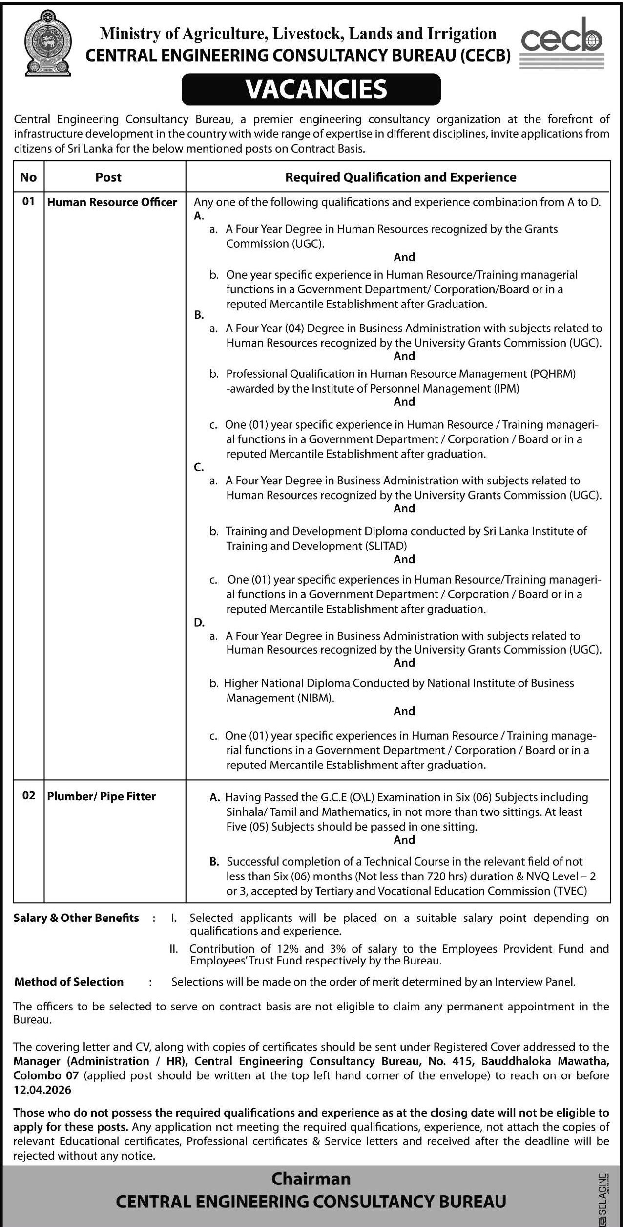 Human Resource Officer, Plumber/Pipe Fitter - Central Engineering Consultancy Bureau