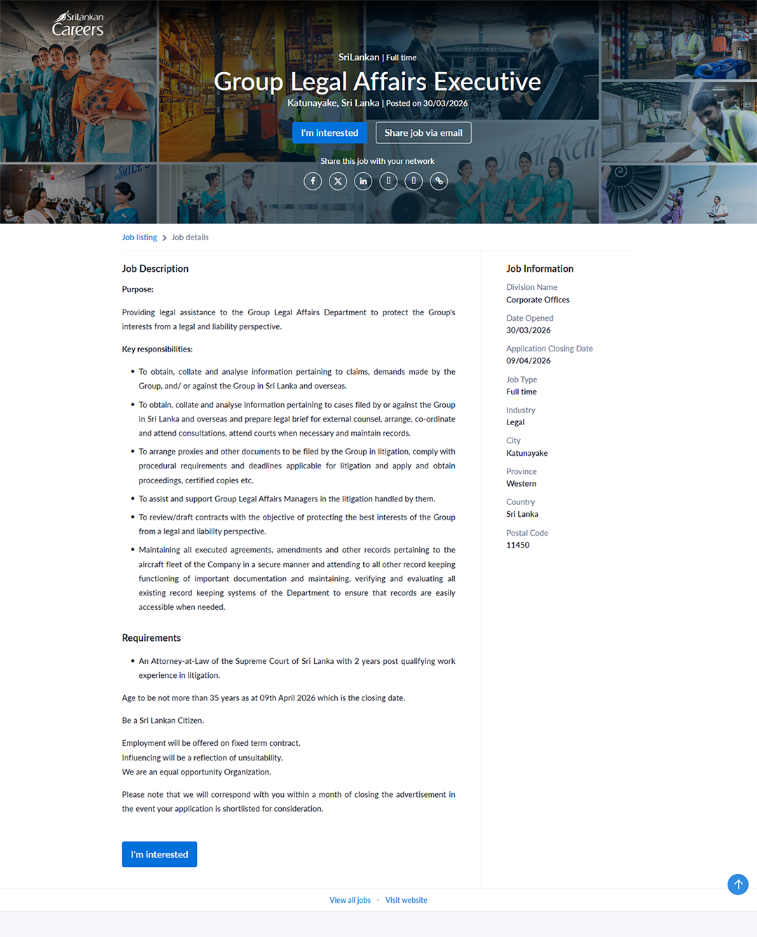 Group Legal Affairs Executive - SriLankan Airlines Limited