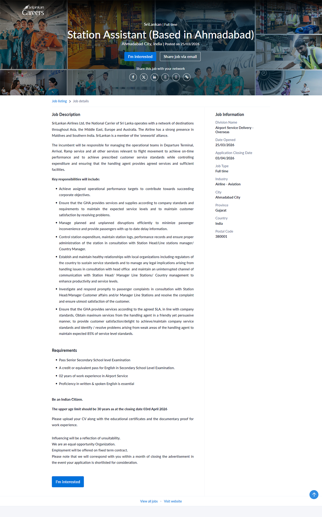 Station Assistant (Based in Ahmadabad) - SriLankan Airlines Limited