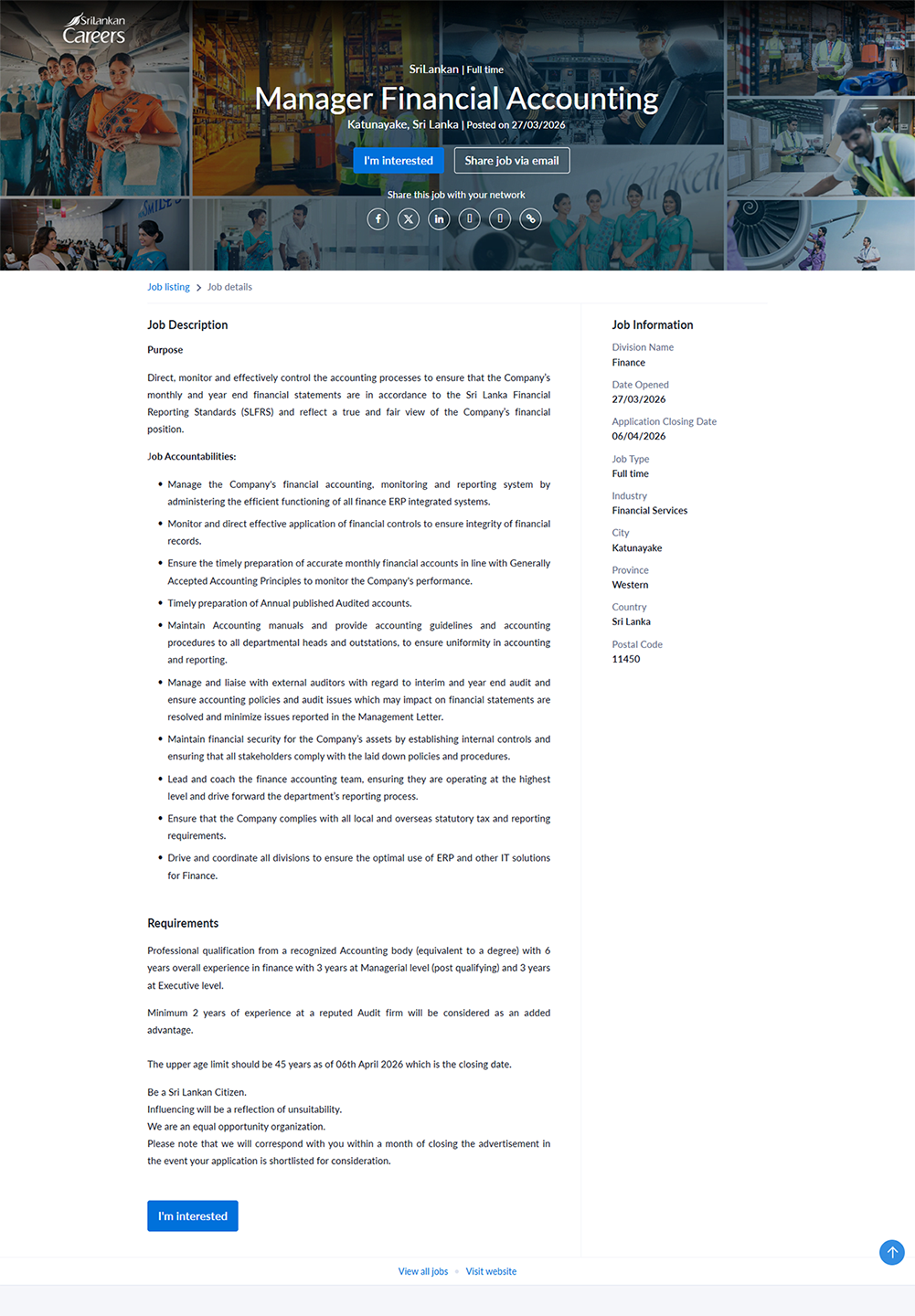 Manager Financial Accounting - SriLankan Airlines Limited