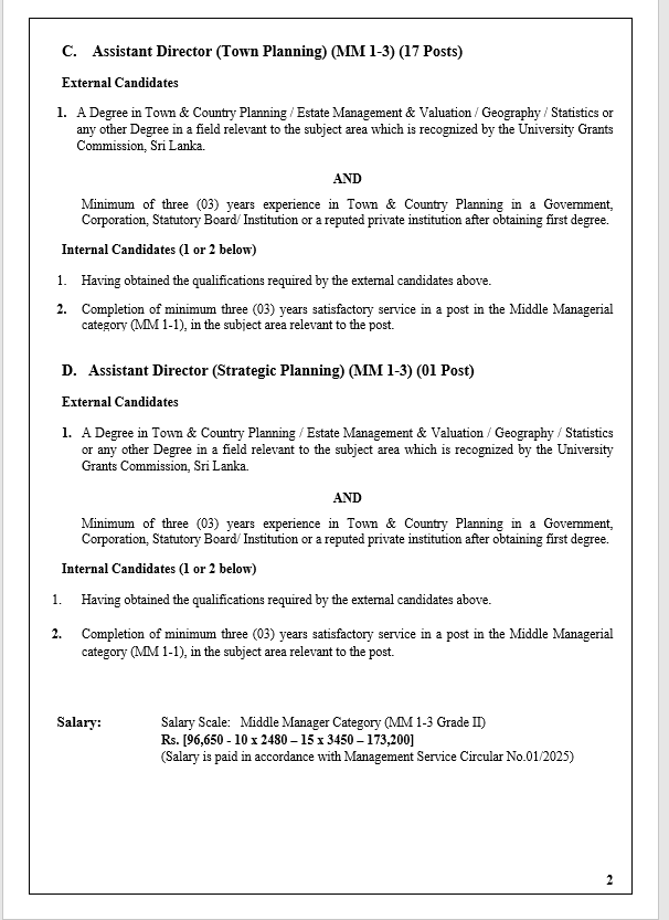 Assistant Director, Town Planner, Technical Officer, Administrative Officer, Printing Technical Assistant, Information & Communication Technology Assistant, Accounts Assistant, Electrical Forman, Forman, Technical Assistant, Videographer, Stadium Forman, Driver - Urban Development Authority  