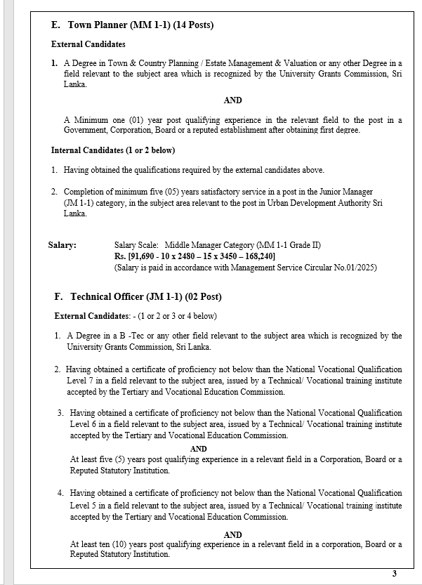 Assistant Director, Town Planner, Technical Officer, Administrative Officer, Printing Technical Assistant, Information & Communication Technology Assistant, Accounts Assistant, Electrical Forman, Forman, Technical Assistant, Videographer, Stadium Forman, Driver - Urban Development Authority  