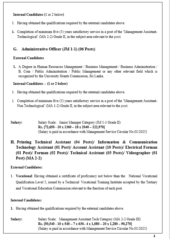 Assistant Director, Town Planner, Technical Officer, Administrative Officer, Printing Technical Assistant, Information & Communication Technology Assistant, Accounts Assistant, Electrical Forman, Forman, Technical Assistant, Videographer, Stadium Forman, Driver - Urban Development Authority  