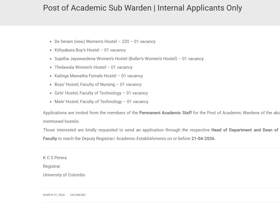 Sub Warden - University of Colombo  