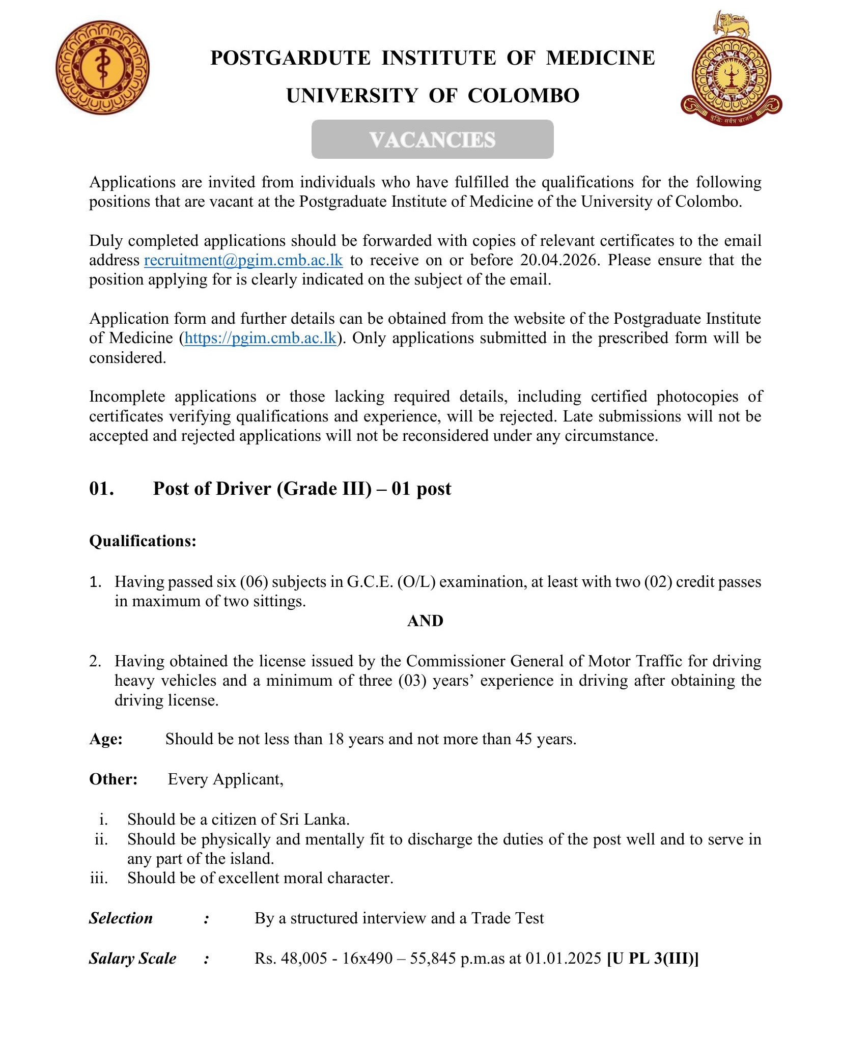 Driver, Library Information Assistant - Postgraduate Institute of Medicine - University of Colombo