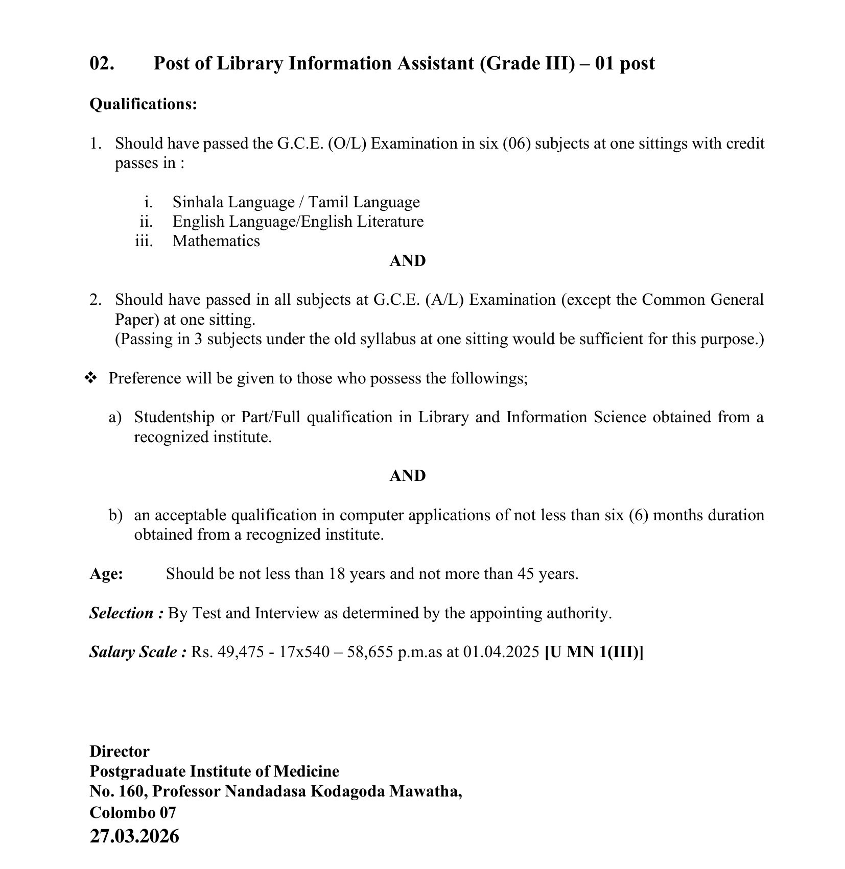 Driver, Library Information Assistant - Postgraduate Institute of Medicine - University of Colombo