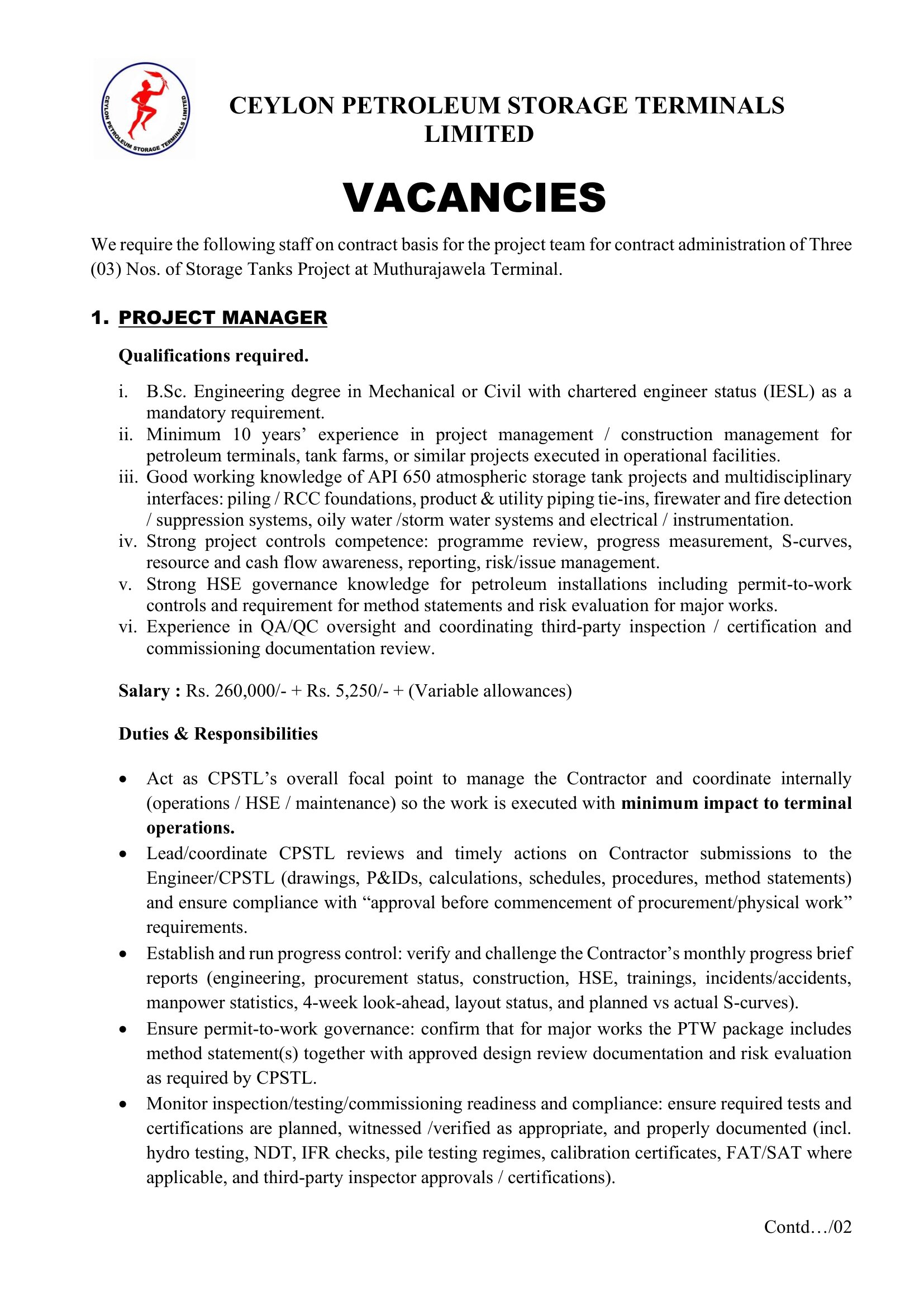 Project Manager, Project Engineer, Project Secretary - Ceylon Petroleum Storage Terminals Limited