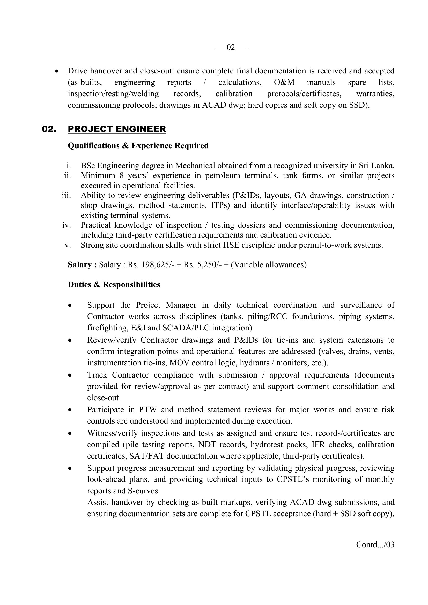 Project Manager, Project Engineer, Project Secretary - Ceylon Petroleum Storage Terminals Limited