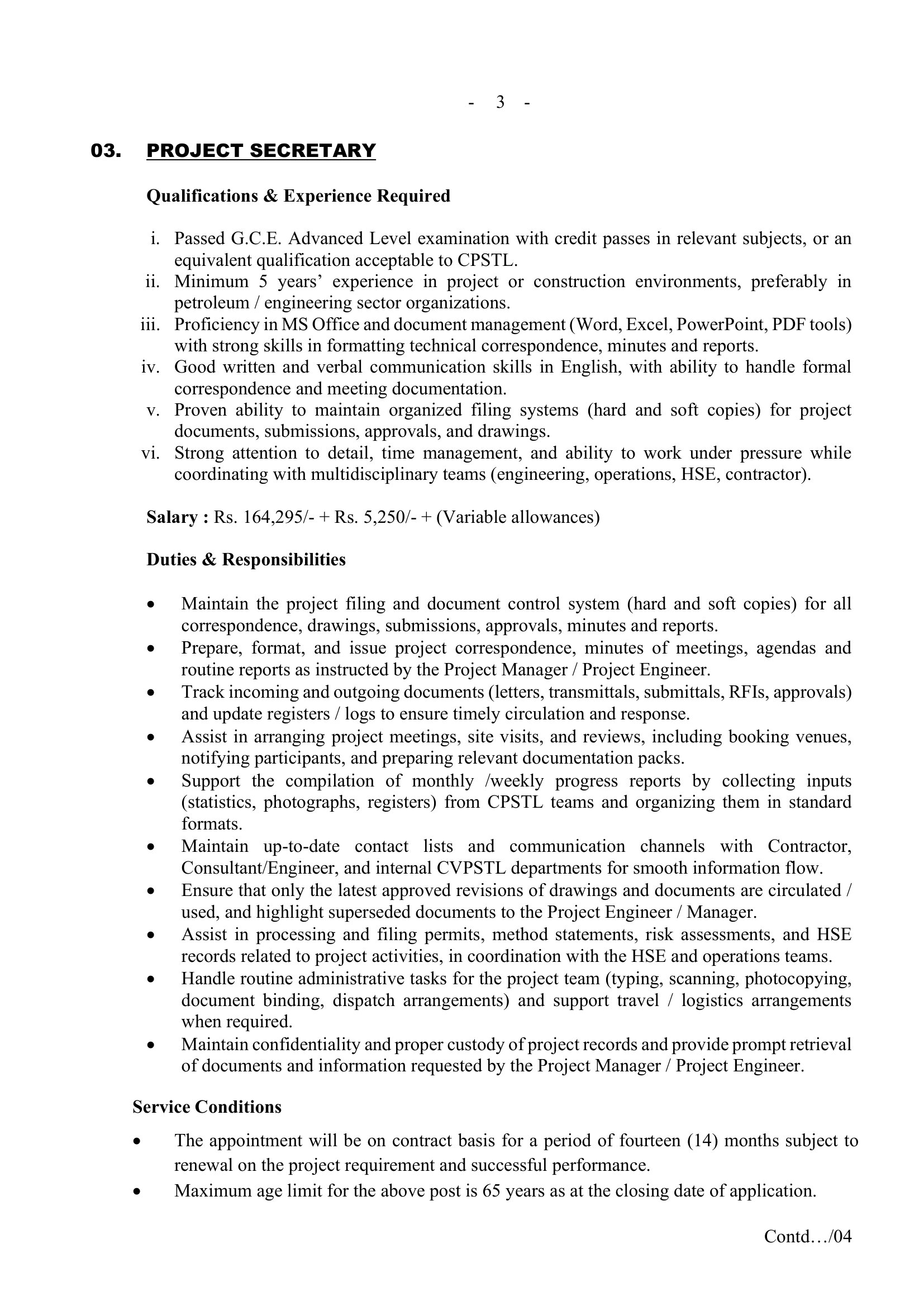 Project Manager, Project Engineer, Project Secretary - Ceylon Petroleum Storage Terminals Limited