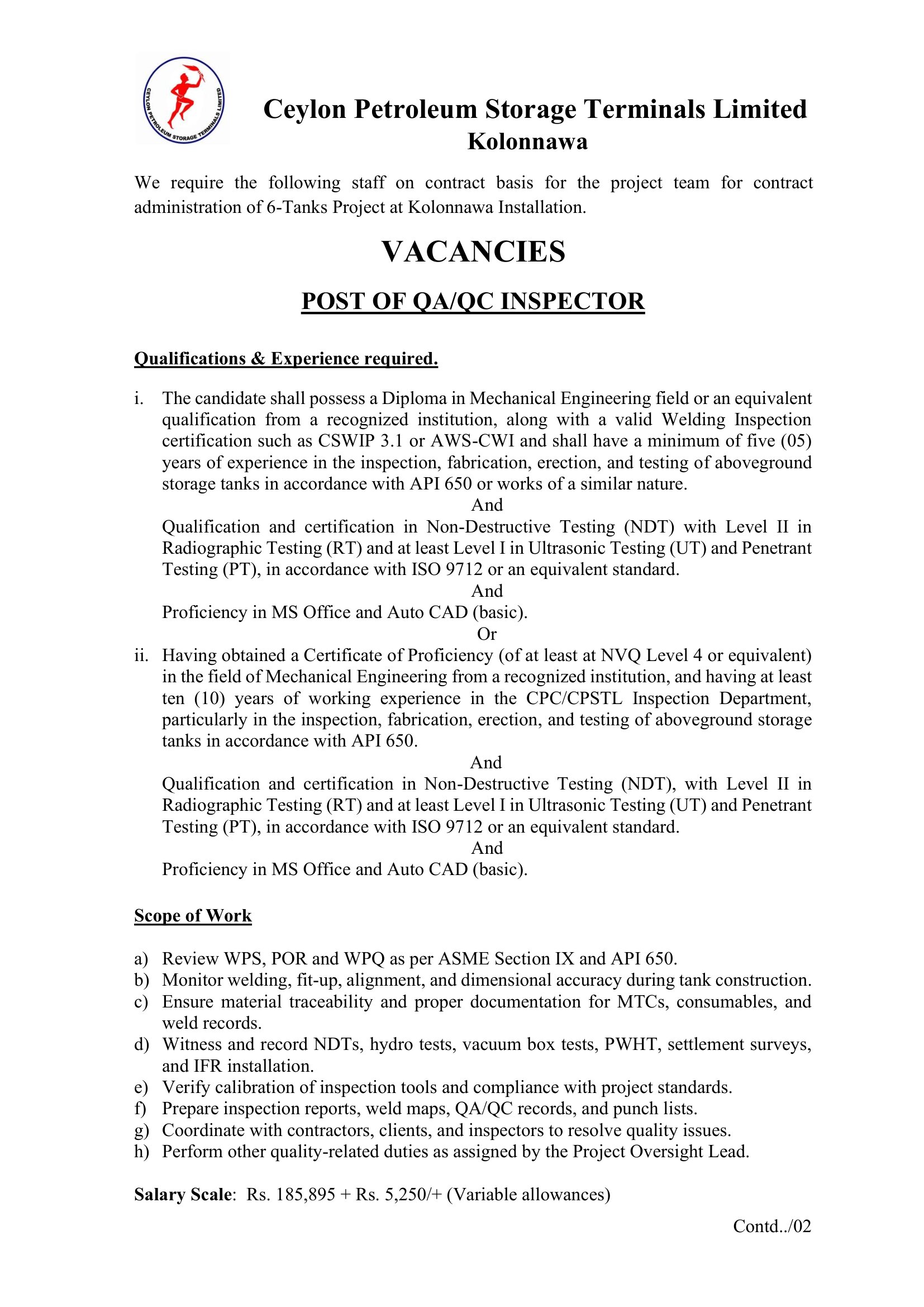 QA/QC Inspector - Ceylon Petroleum Storage Terminals Limited